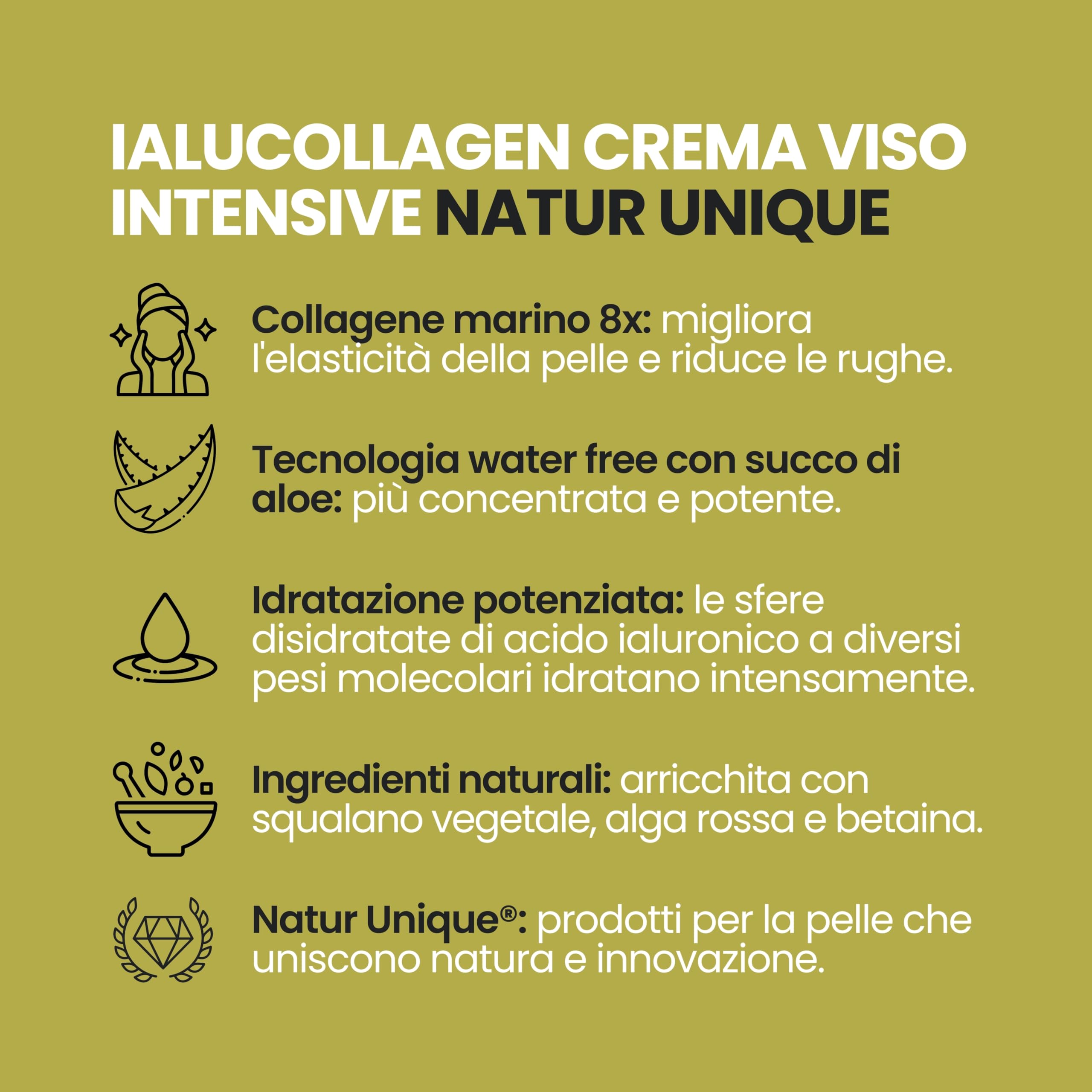 Ialucollagen Collagen Intensive Crema Viso Natur Unique | 8 Tipi di Collagene Marino | Con Acido Ialuronico e Succo di Aloe | Crema Viso Antirughe e Idratante per Tutti i Tipi di Pelle | 50 ml
