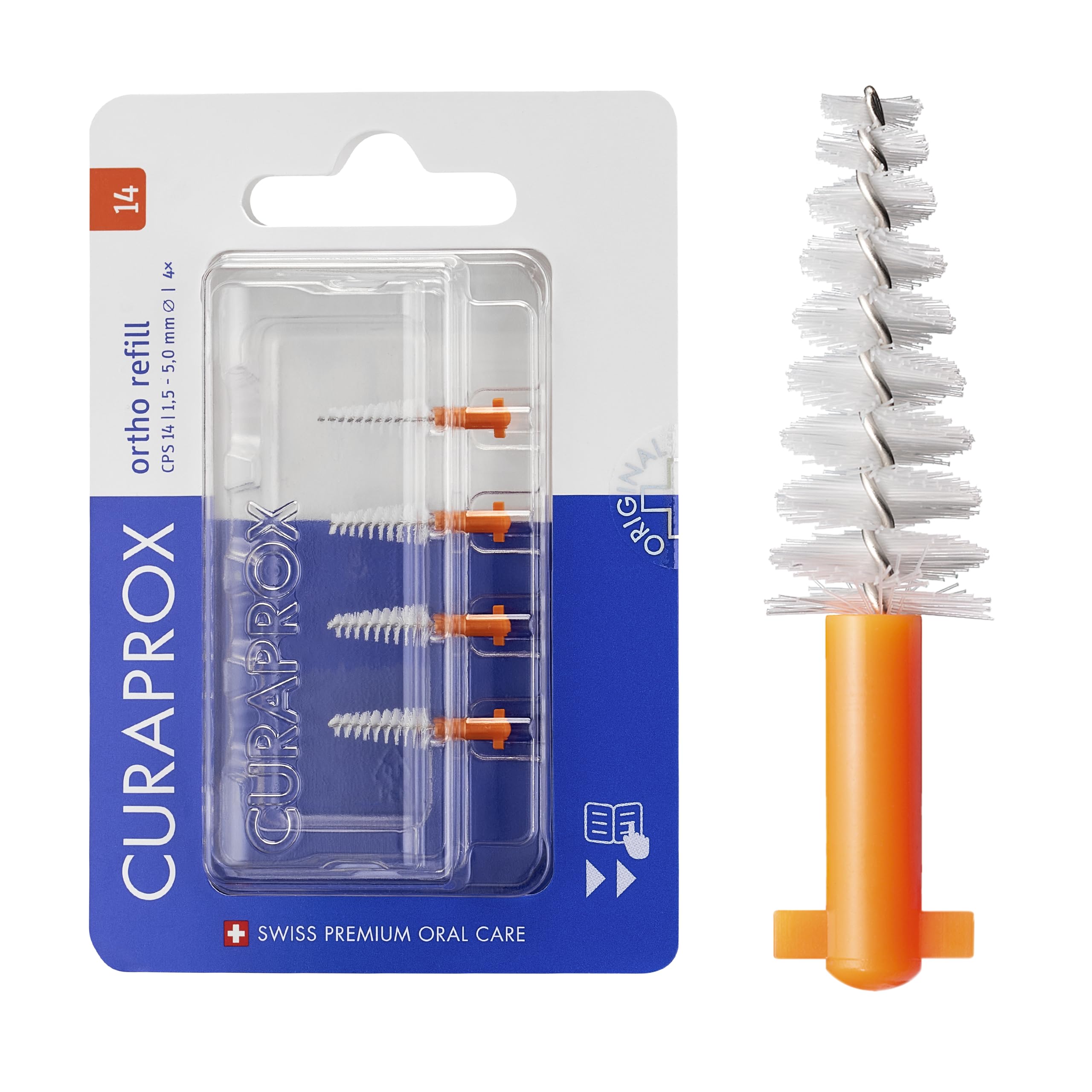 Curaprox Spazzolino interdentale Refill Ortho-Size 14 per bretelle & Ortodontico Cura/Ultra-Fine filamenti per la pulizia delicata/Arancione / 4-Pack/Progettato in Svizzera