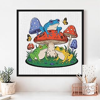 Frog Mushroom Cross Stitch Kits - Cute Animal Series | Beginner DIY Embroidery Kit with 11CT Fabric & Vibrant Threads | DIY Mindful Gift for Home/Office Decor 9.45 x 9.45 Inch-11