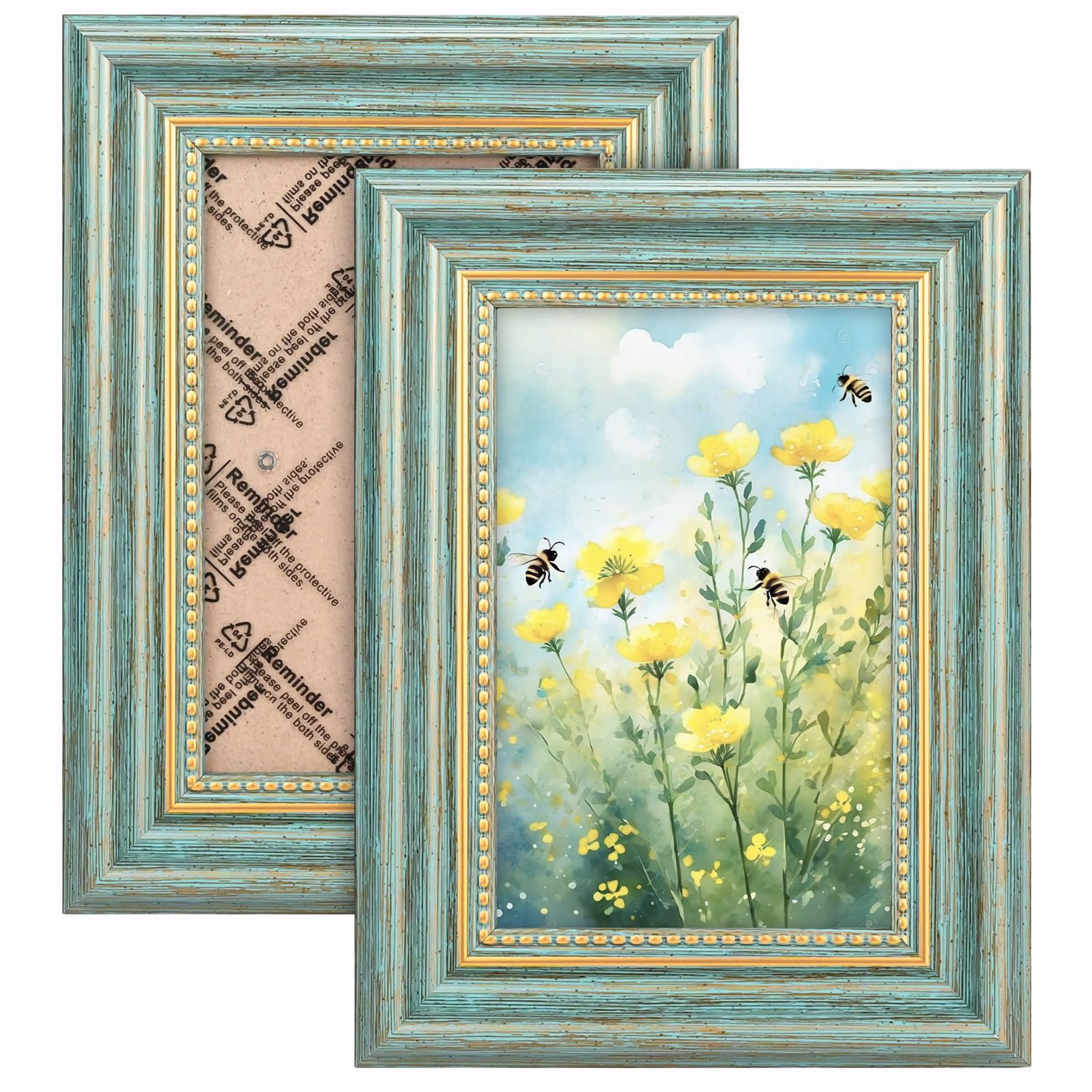 2Pack 5x7 Vintage Picture Frame - Antique Green 7x5 Photo Frame Stand Free-standing Horizontally & Vertically for Home Office Desk Tabletop Art Paint Display (Retro Ornate Green)