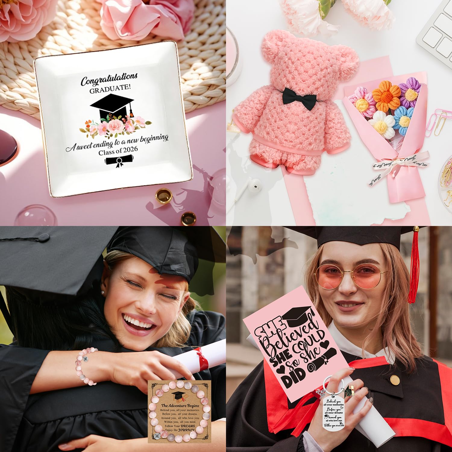 12 Pieces 2026 Graduation Gift Box Set, Class of 2026 Graduation Gift Basket with 16 Oz Glass, Socks, Bear Towel, Journal Notebook, Makeup Bag, Bracelet, Keychain for High School College Gifts