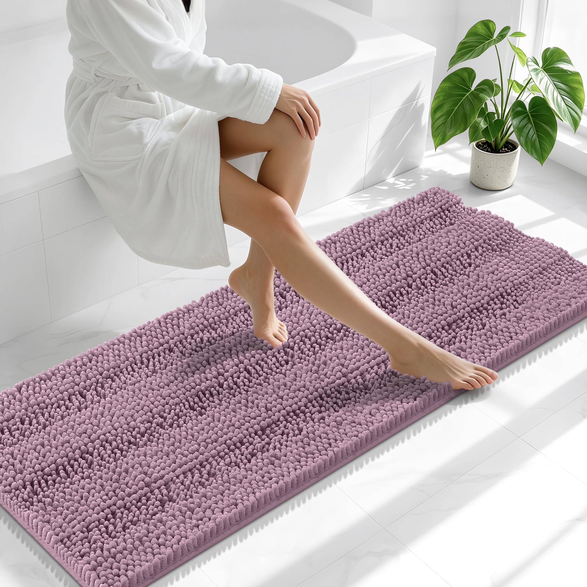 Smiry Thick Chenille Bathroom Runner Rugs 59x20, Soft Bath Mat, Deep Plum