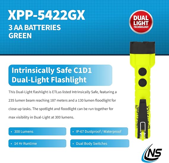 Nightstick XPP-5422GX Intrinsically Safe Dual-Light Flashlight, LED Light Source, Green/Black