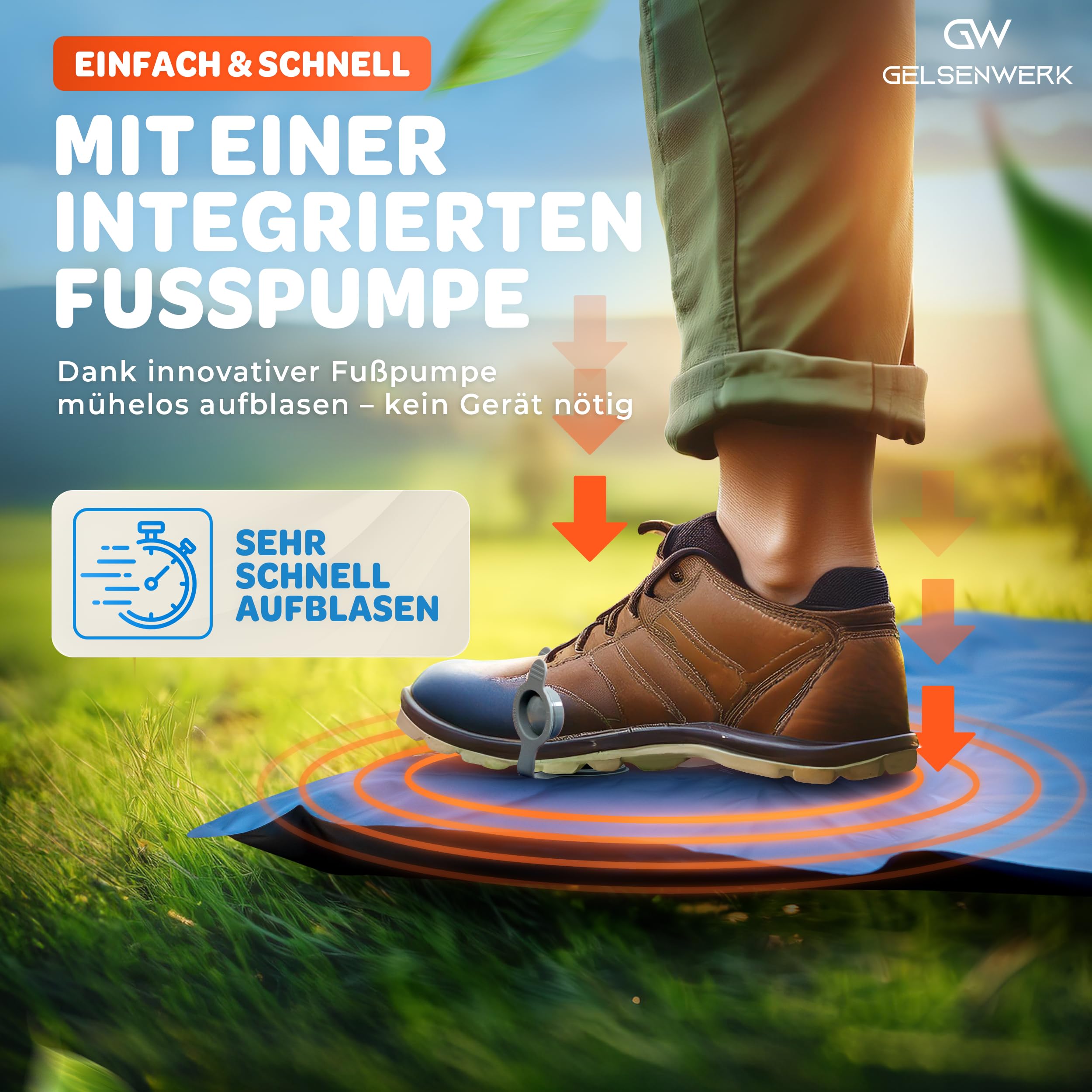 Isomatte Camping Ultraleicht 10cm & kleines Packmaß - Camping Luftmatratze mit Fußpumpe & Kopfkissen - Outdoor Schlafmatte isolierend für Wandern & Zelten