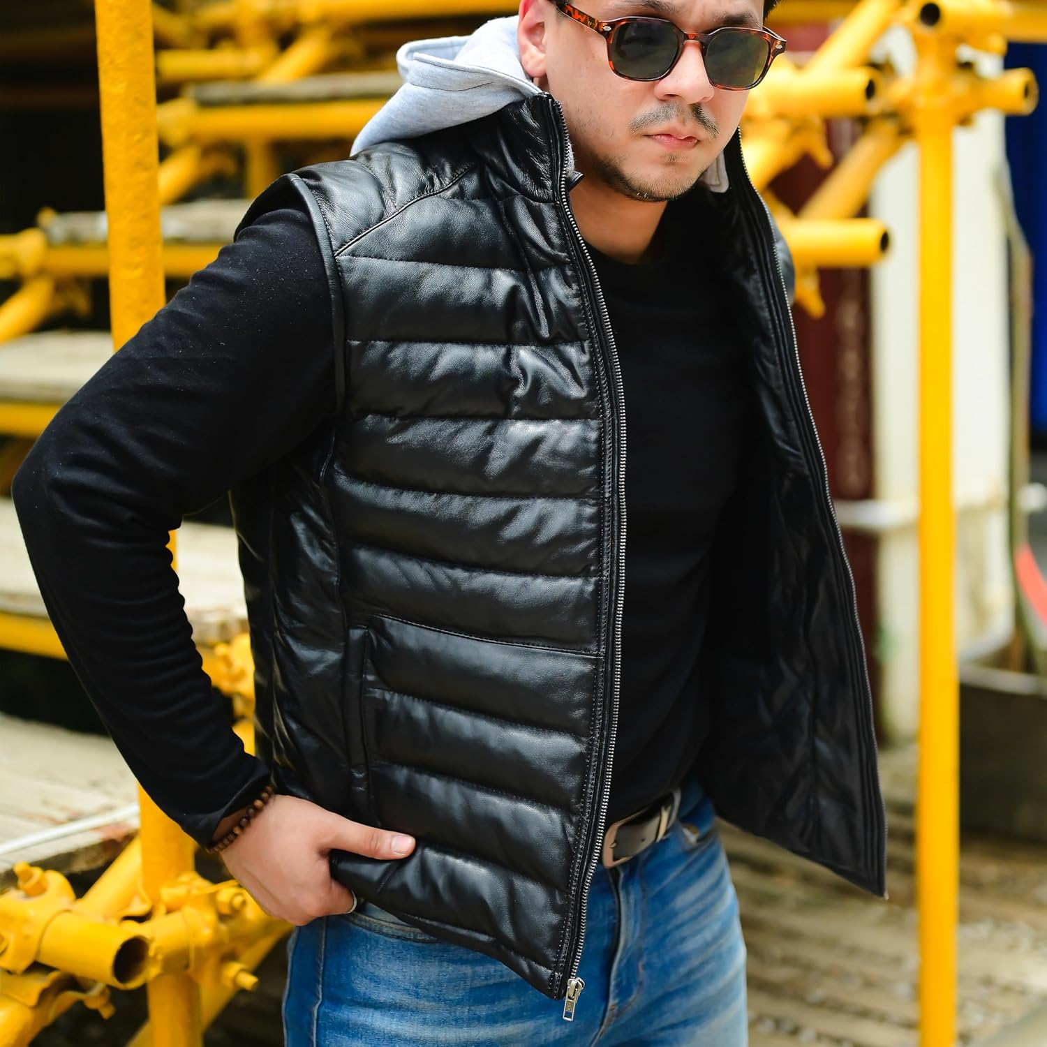 Jild Lambskin Leather Puffer Vest with Removable Hood - Stand Collar Casual Style Sleeveless Leather Jacket Men - Image 3