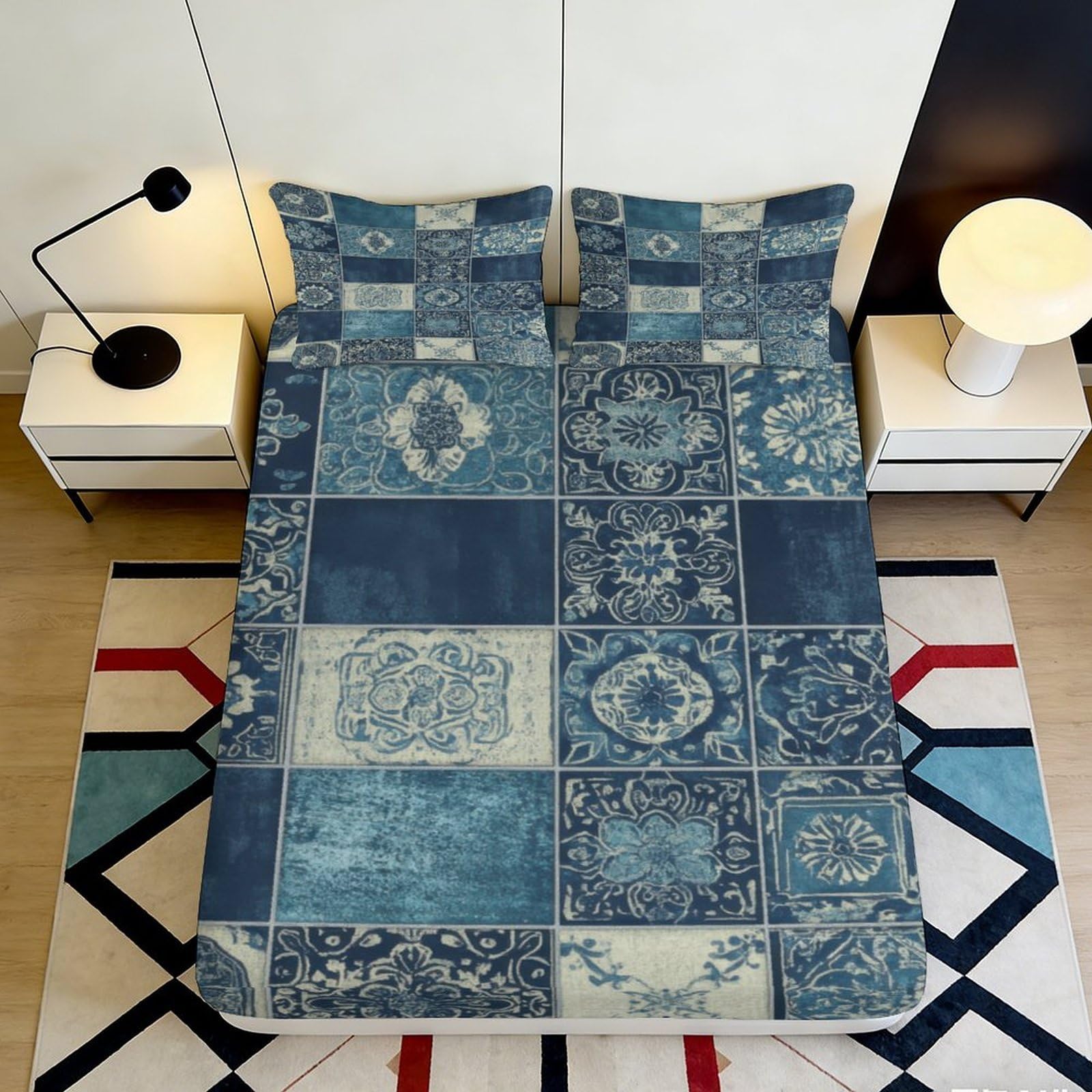 3D Printed Vintage Patchwork Fitted Sheet Microfiber Soft Blue Artistic Bed Cover for Bedroom Guest Room Decor 90x200x25cm