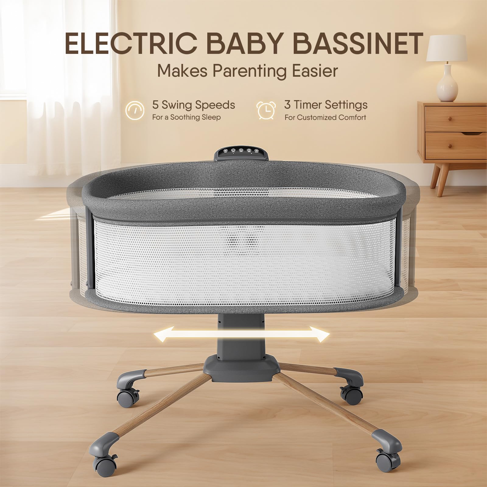 Electric Smart Soothing Baby Bassinet with 5 Rocking Speeds, 3 Timer Modes, 12 Soothing Musics, 3 Adjustable Heights, Breathable Mesh Sides and Mosquito Net