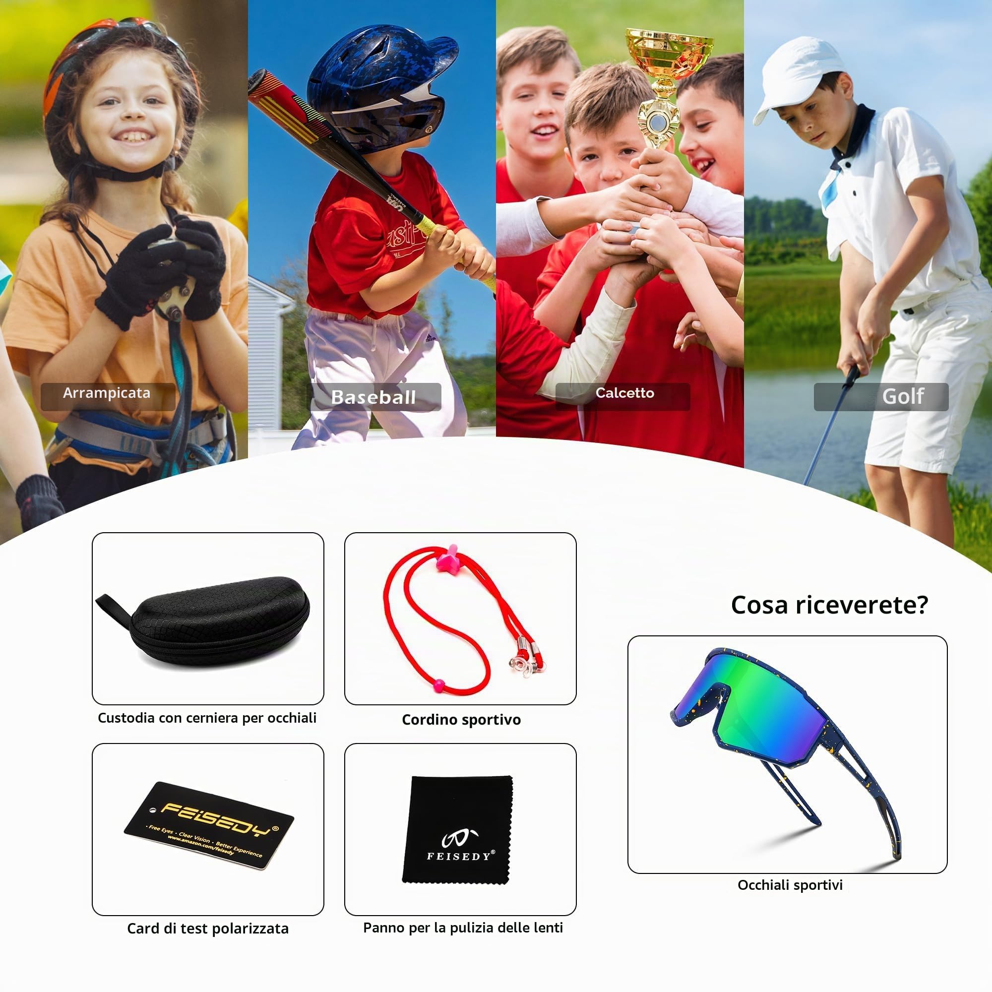 FEISEDY Occhiali da Sole Sportivi Polarizzati per Ragazzi Bambini Bicicletta Occhiali da Baseball per Ragazze Età 6-15, con Protezione UV400, Montatura TR90 B4163
