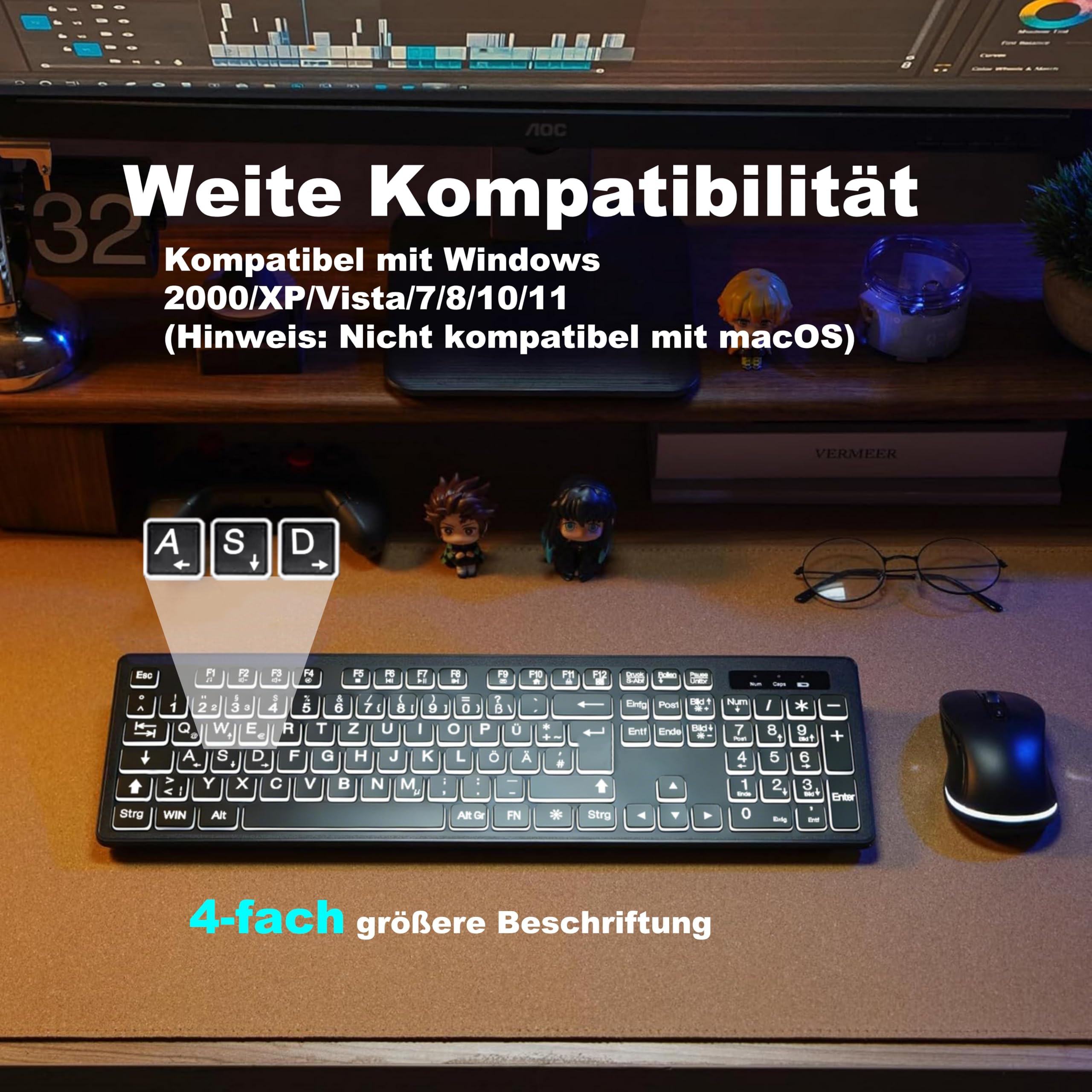 Großschrift Kabellose Computertastatur & Maus Set – DE Vollformat-Tastatur mit weißer Hintergrundbeleuchtung, 2,4-GHz, wiederaufladbar Tastatur & Maus für Büro, Homeoffice & Windows PC (QWERTZ)