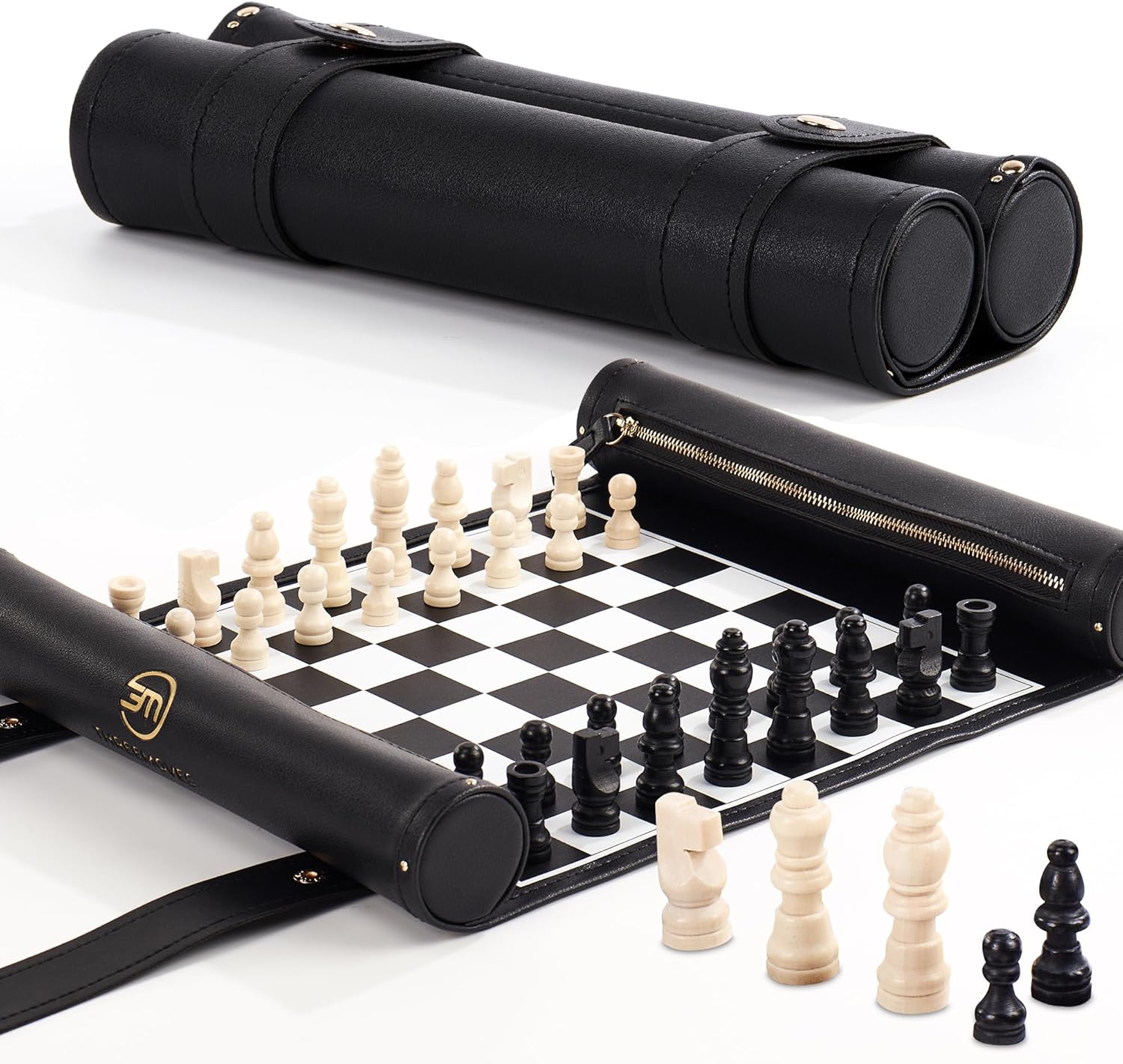 Roll Up Chess Set - 11" Foldable Leather Chess Mat with Wooden Chess Pieces - Portable Travel Chess Set with Straps - Perfect Chess Game for Airplane, Camping, and More (Black)