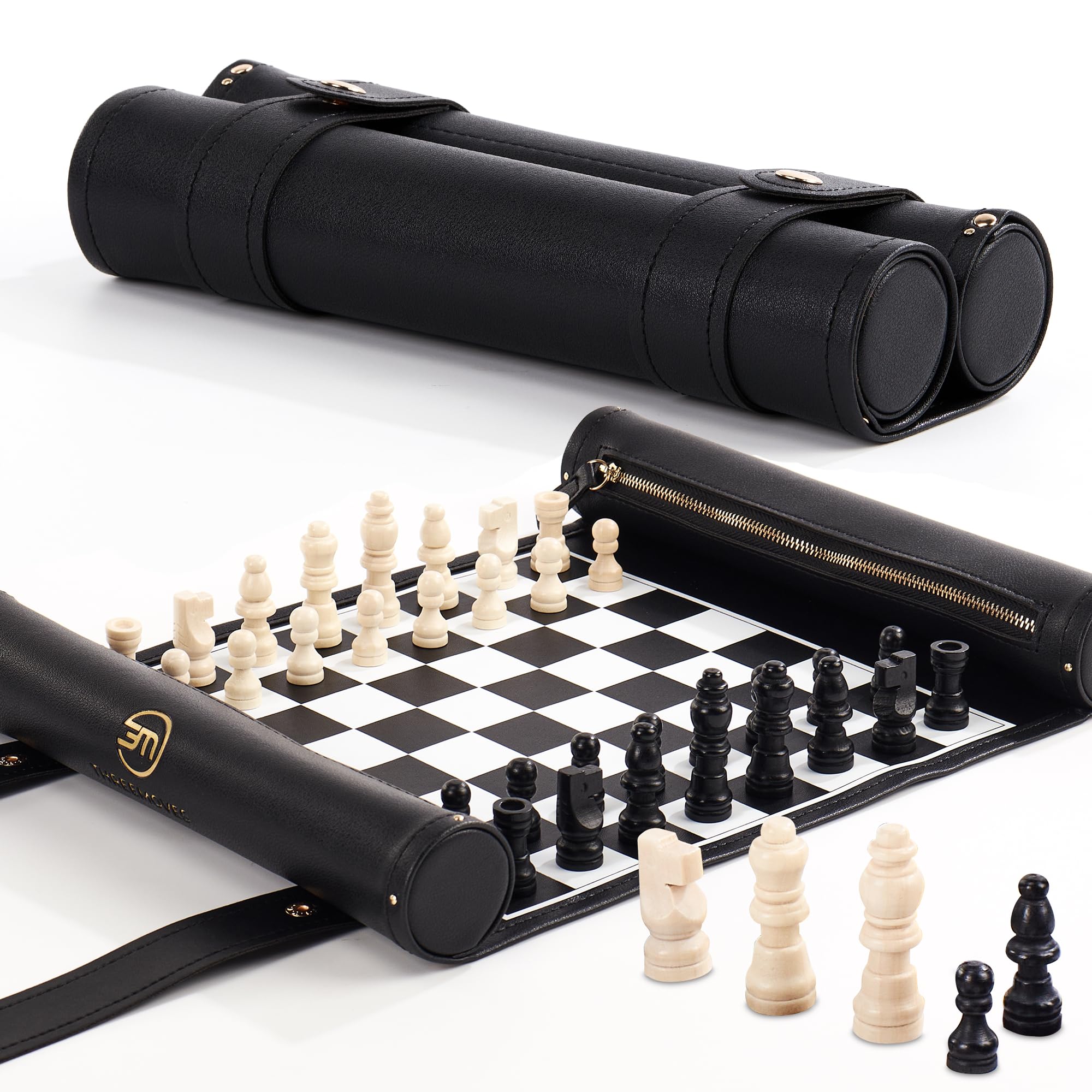 ThreeMoves Roll Up Chess Set - Foldable Leather Chess Mat with Chess Pieces - Portable Travel Chess Set with Straps - Perfect Chess Game for Airplane, Camping, and more (Black/White) — image 1