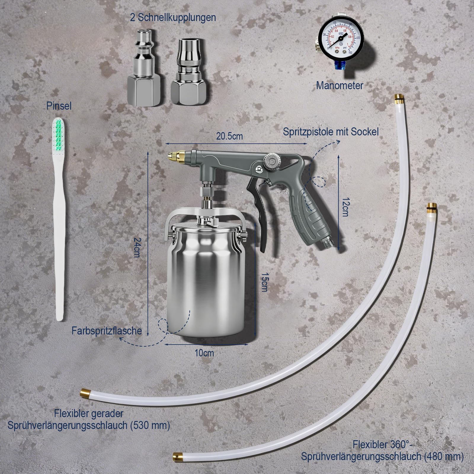 Unterbodenschutz-Spritzpistole mit Saugnapf 360° geradem Spritzschlauch 1000ml Aluminiumbecher Druckbecherpistole