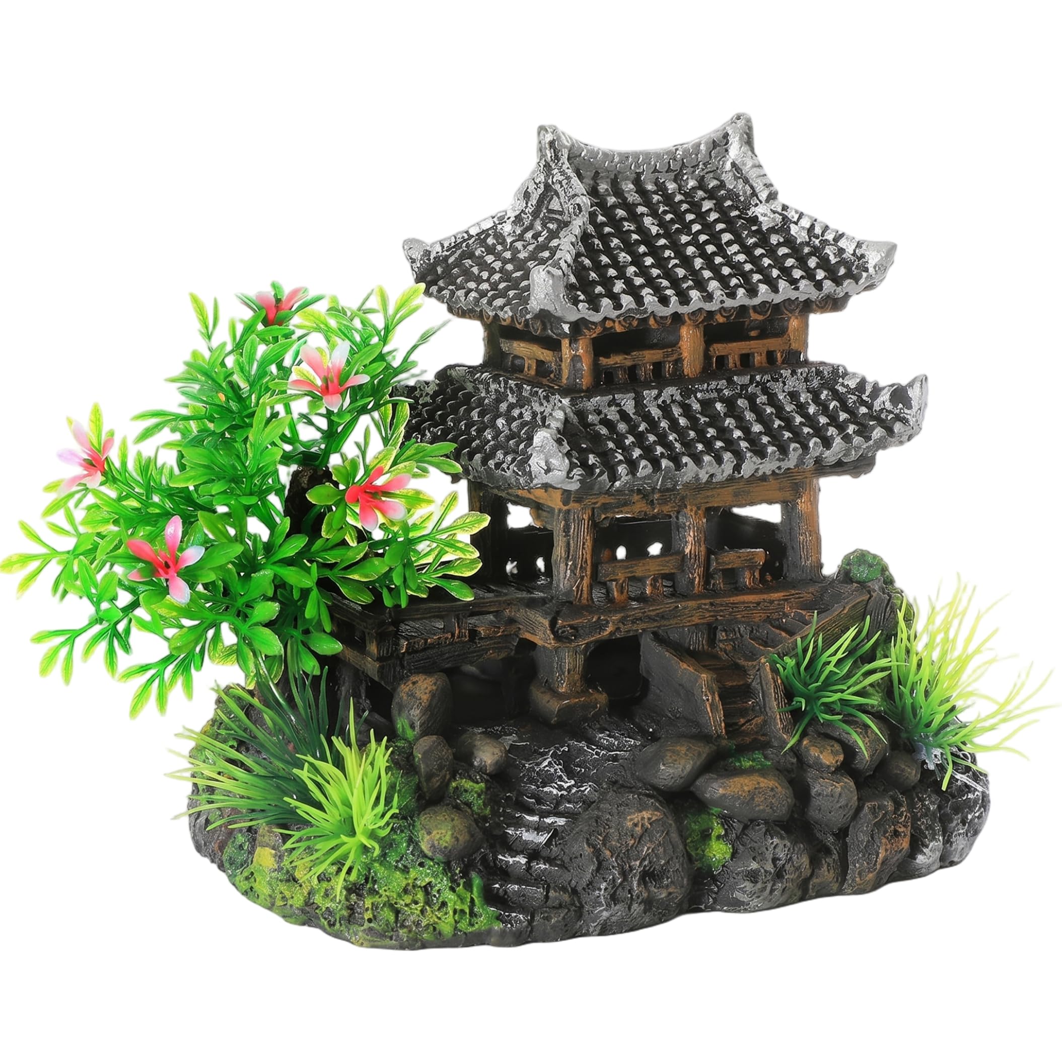 Syglawnd Aquarium Castle, Chinese Pavilion Fish Tank Decor Resin Rockeries and Green Plants Aquarium Thematic Ornament, (7x4x6 Inch), Fish Tank Decorations