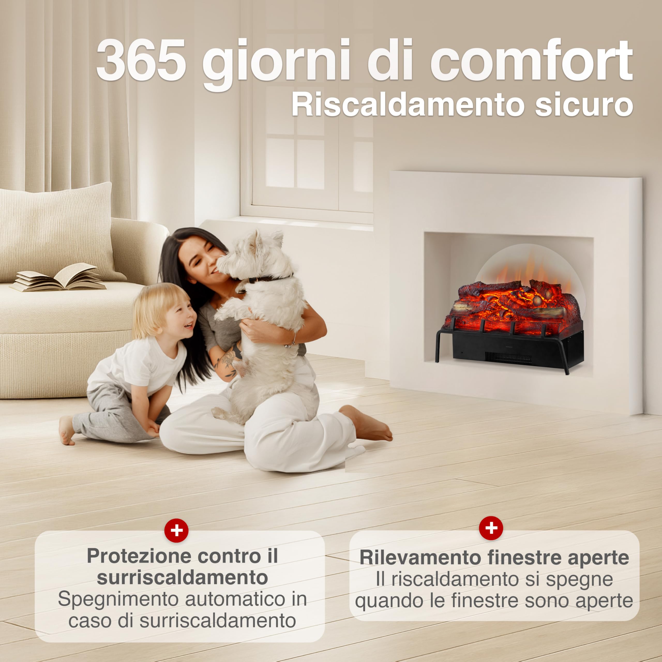 KAMINIO Camino elettrico NOAH - Inserto per caminetto elettrico con riscaldamento, effetto 3D, telecomando