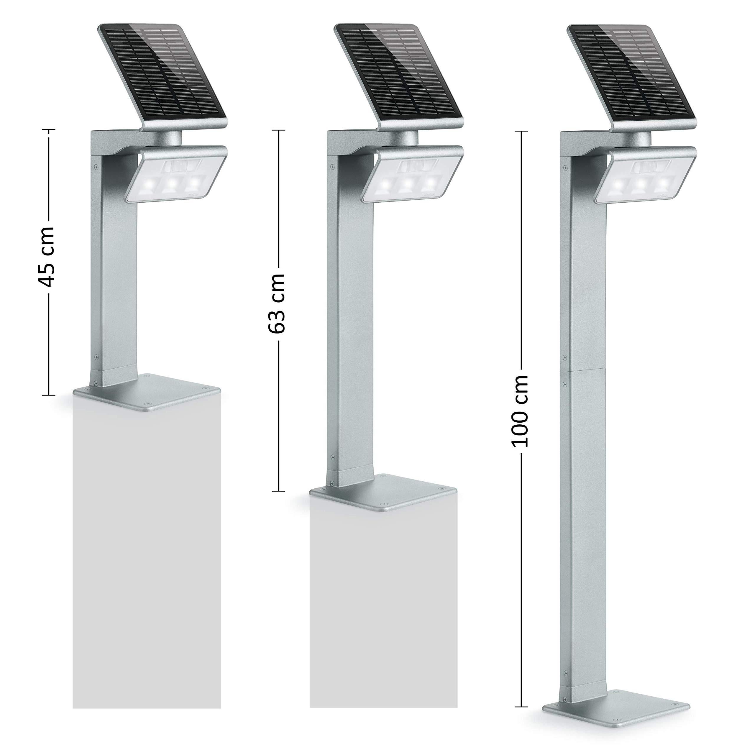 Steinel LED Solarleuchte XSolar GL-S silber, höhenverstellbar, 150 lm, 140° Bewegungsmelder, 5 m Reichweite, Grundlicht