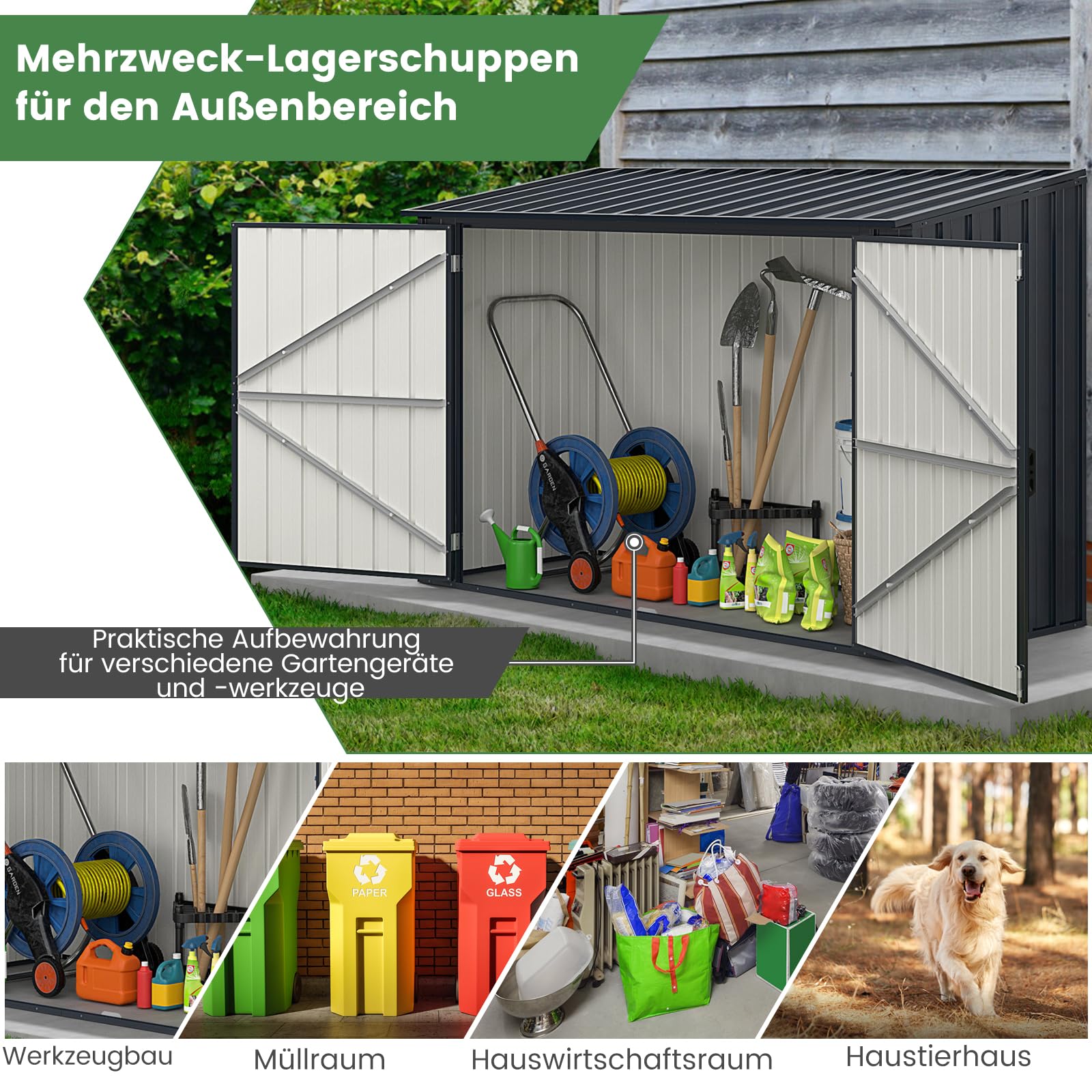 COSTWAY Mülltonnenbox für 2 x 120 L Mülltonnen, wetterfester Gartenschuppen mit abschließbarer Tür, Outdoor Geräteschuppen aus Metall, Gerätehaus für Fahrrad, Werkzeug