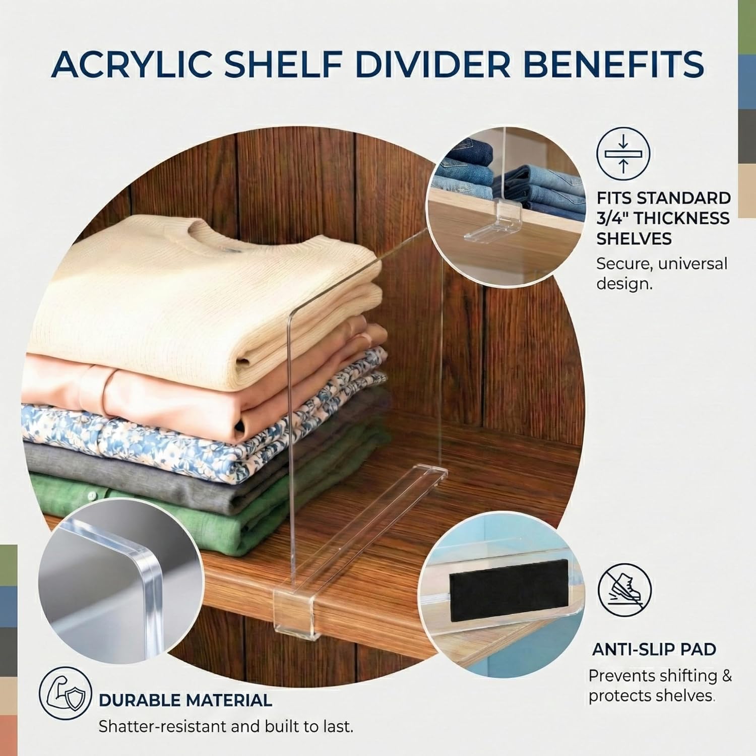 Acrylic Shelf Dividers, 12 Pack Clear Closet Shelf Organizer, Slide-On Vertical Dividers for Sweaters, Shirts, Towels & Handbags, Fits 3/4 in Shelves, 11 x 8 in