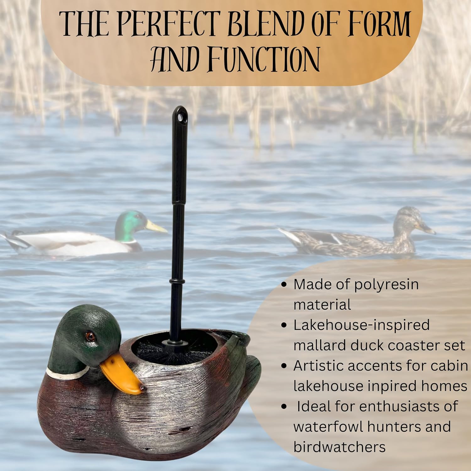 BestGiftEver Mallard Duck Design Toilet Brush and Holder Set, Cute Polyresin Lakehouse-Inspired Design Holder for Deep Cleaning Toilet Bowl Brush, Funny and Novelty Decorative Bathroom Accessory
