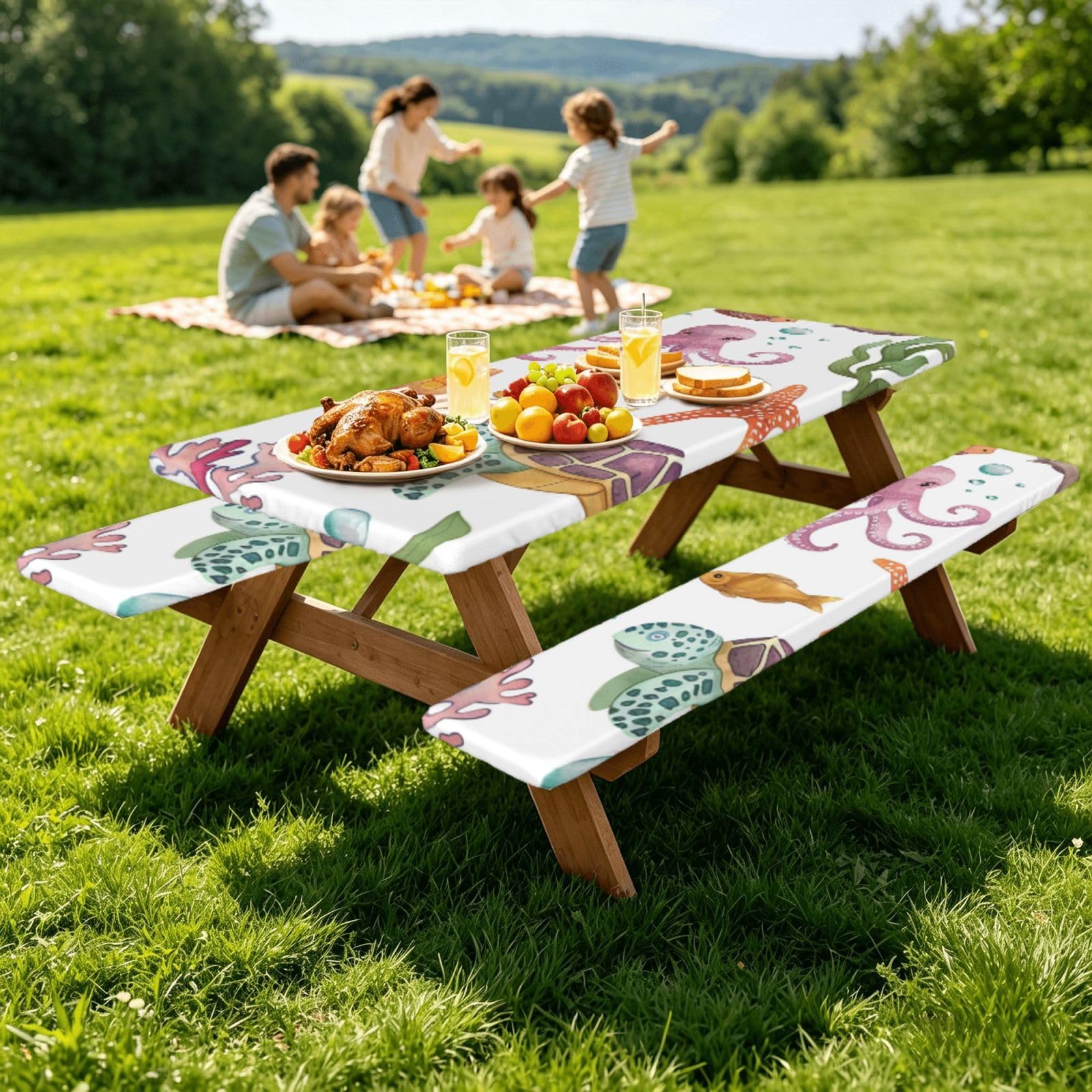 Nappe de pique-nique ajustée avec housses de banc, nappe élastique, imperméable, pour camping, extérieur, 183 cm