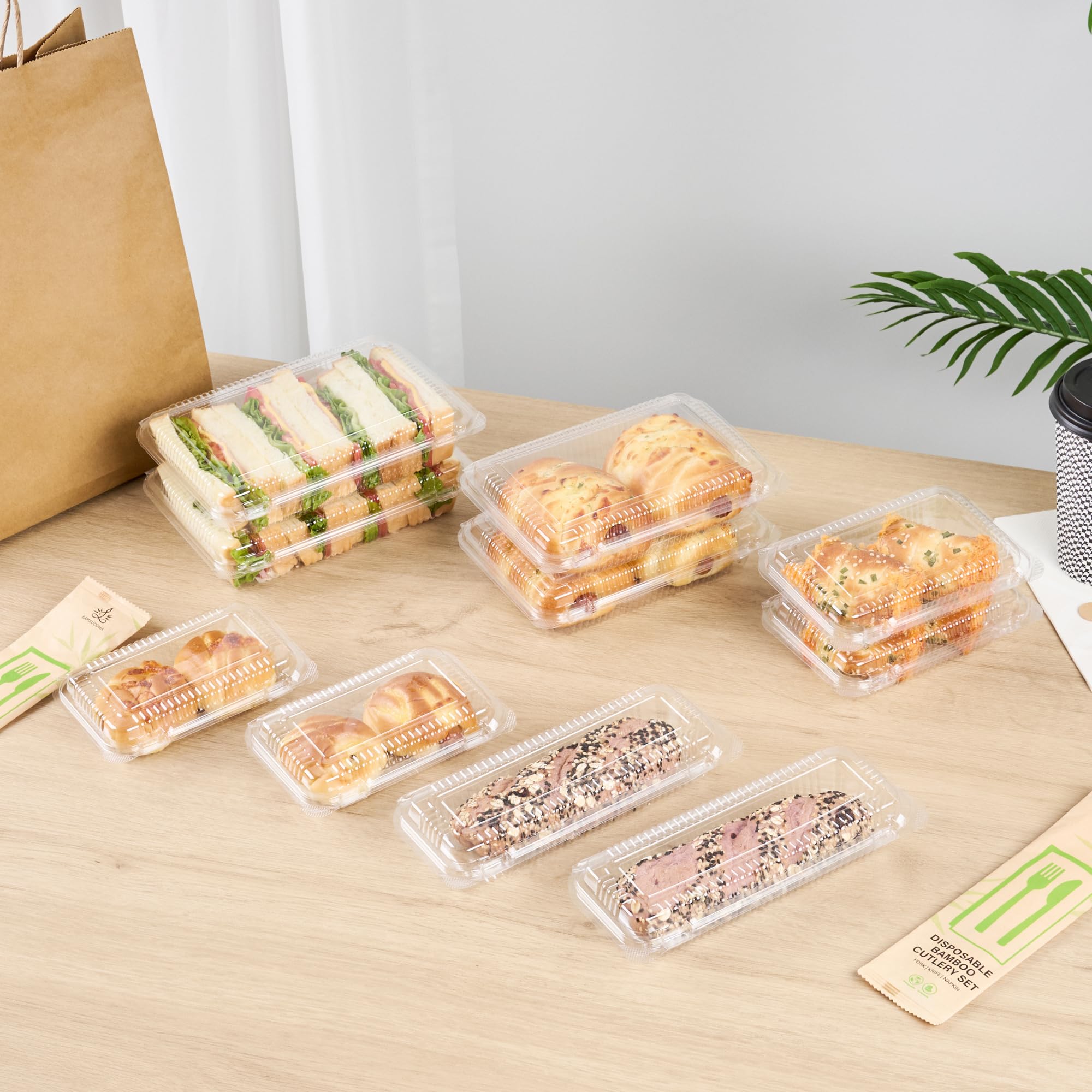 Restaurantware Thermo Tek - Contenedores de alimentos de 7.5 x 5.24 x 1.7 pulgadas, 100 recipientes rectangulares de concha - Contenedores de plástico transparente duraderos, resistentes, para