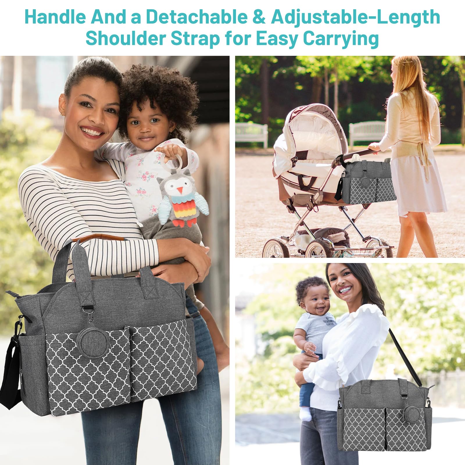 Sac à langer pour bébé - Grand sac à langer avec bandoulière et poche à tétine - 15 poches - Imperméable - Portable - Sac de voyage multifonction pour couches et accessoires pour bébé