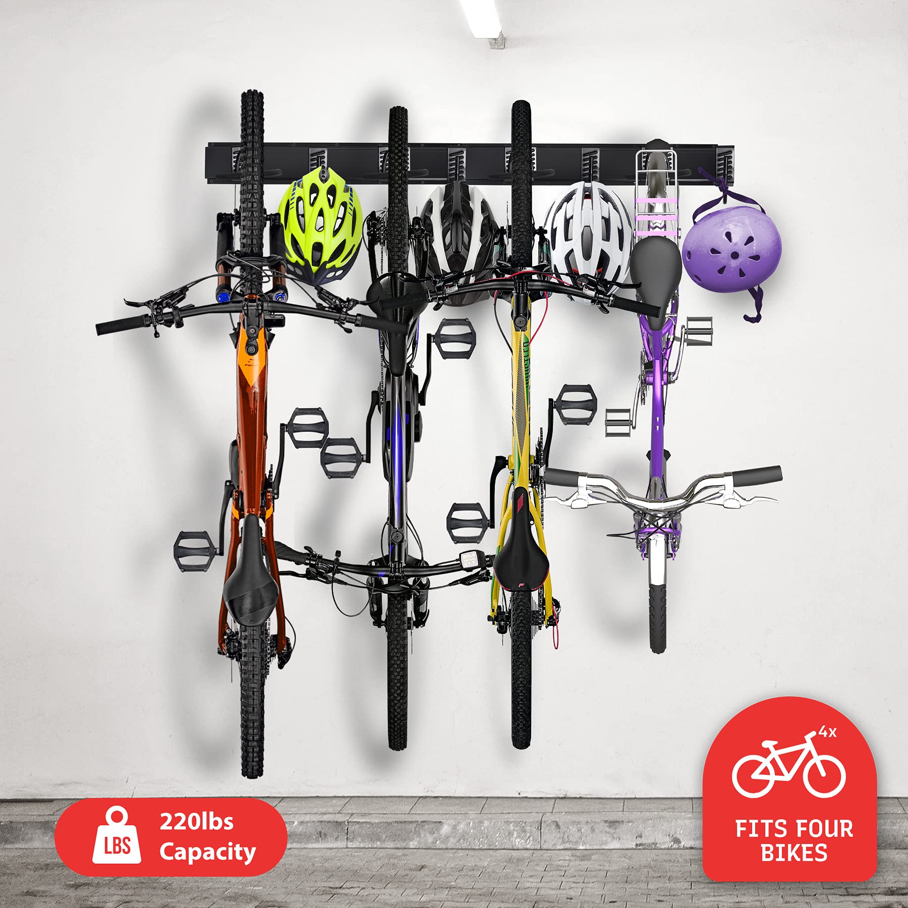 WHISTLER Bike Rack for Garage - Fits 4 Bikes 220lbs Capacity, Wall-Mounted & Heavy Duty Bicycle Rack, Rubber Coated & Removable Hooks, Quick Hitch & Installation, Space Saver Vertical Bike Racks