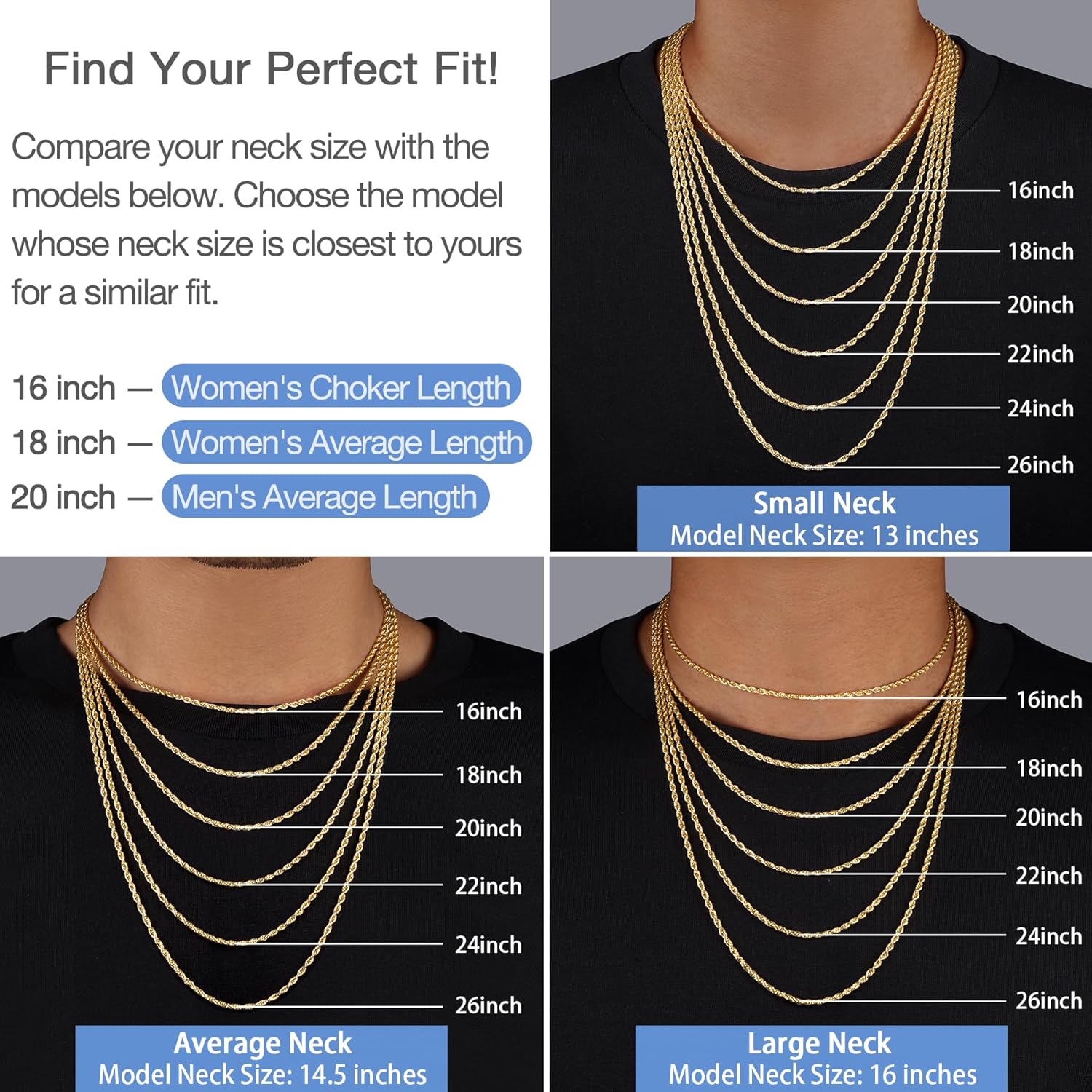 Jewlpire Silver Rope Chain/14k Gold Plated Chain Necklace for Men, 2.5mm 3mm 4mm Chains for Men Women, Stainless Steel Necklace Chains, Mens Necklaces 16 18 20 22 24 26 Inch - Image 2