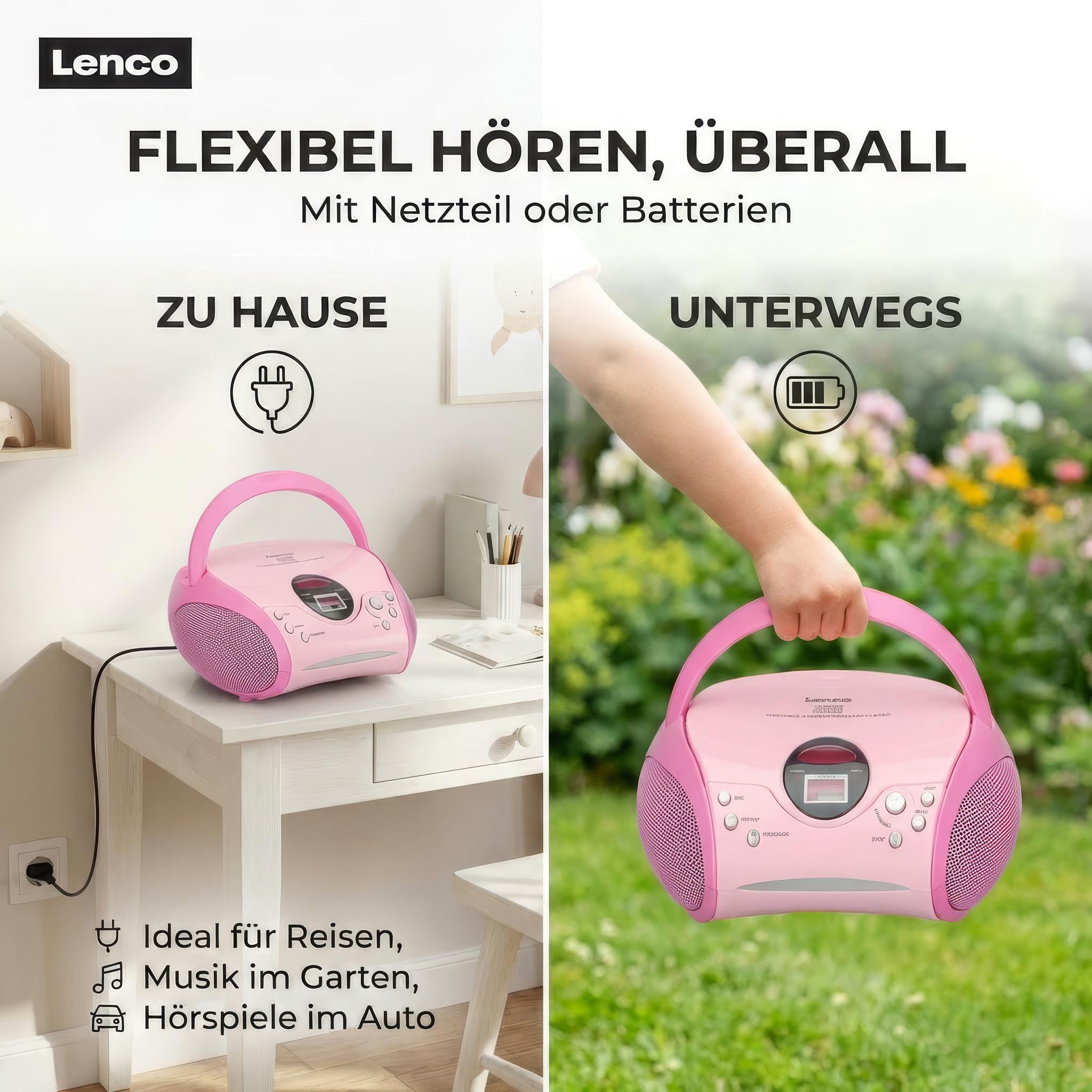 Lenco SCD-24 PINK - CD Player - Radio-CD Player - auch für Kinder - Tragbar | SCD-24 - CD Spieler - Stereo - LCD - Display - Kopfhöreranschluss - Batterie u. Netzbetrieb - rosa