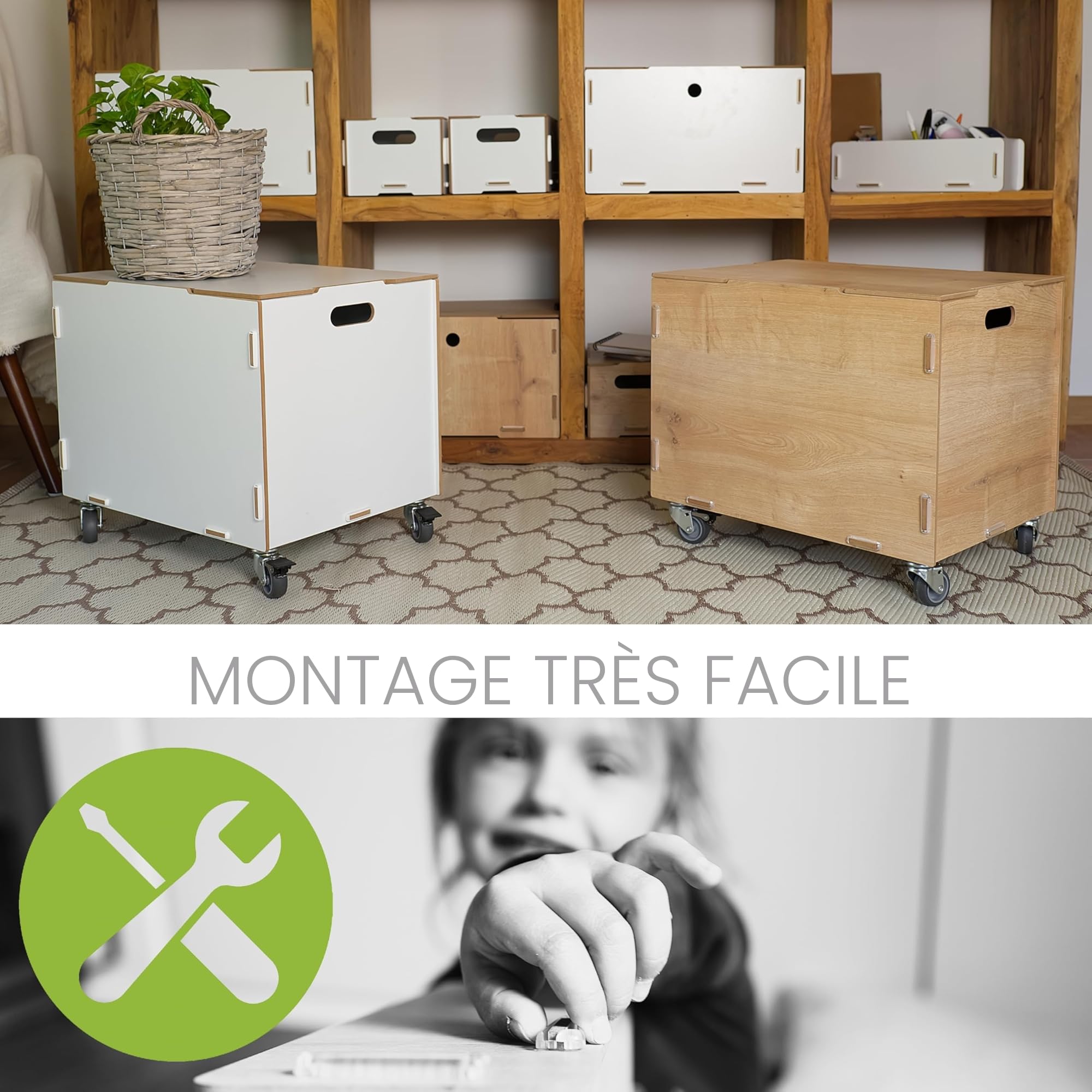 Caisse avec roulettes et couvercle 45,5x34,5x39,5cm (Bois MDF) - Caisses de rangement avec Poignées - Bac de rangement pour livres, jouets, chambre d'enfant, bureau (Coffre en bois blanc)