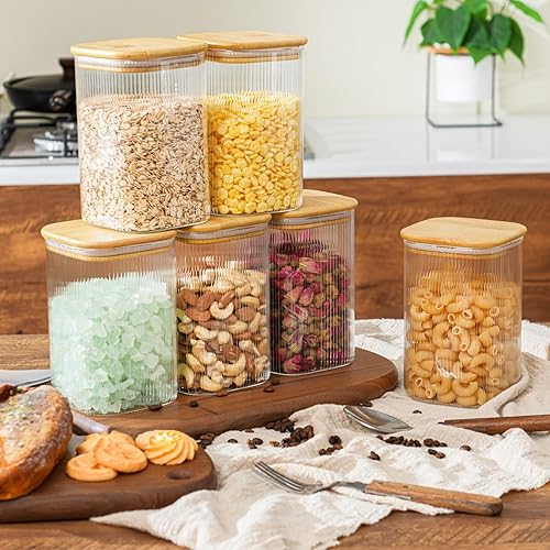 Miniatura 8 de Juego de 4 recipientes de almacenamiento cuadrados herméticos de vidrio de 37 onzas con tapas de bambú, recipientes apilables a rayas (40.6 fl oz),