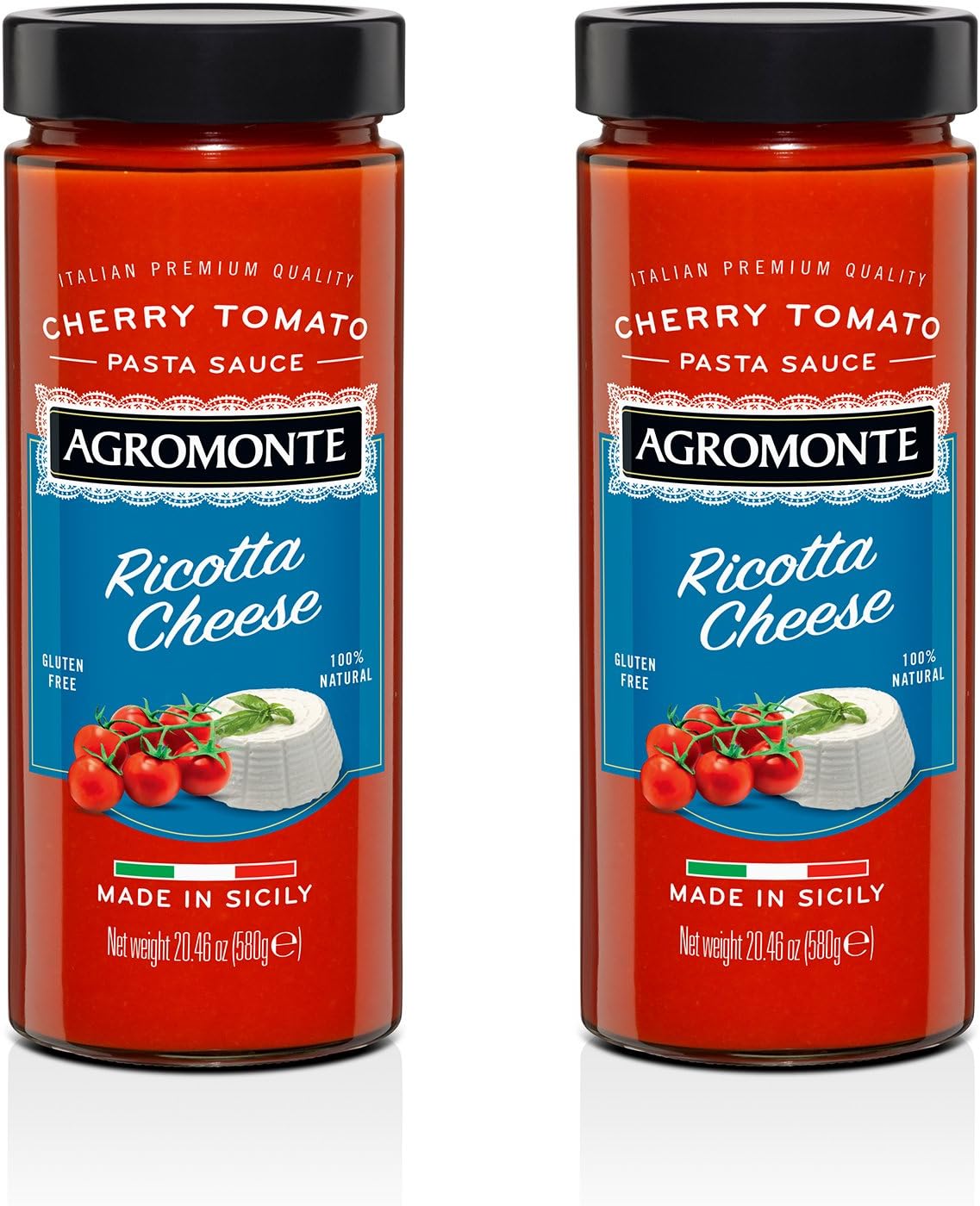 Agromonte Authentic Italian Cherry Tomato Pasta Sauce (Ricotta Cheese)- Taste of Italy Gourmet Foodie and Chef Gift - Gluten-Free, All Natural 20.46oz (2 pack)
