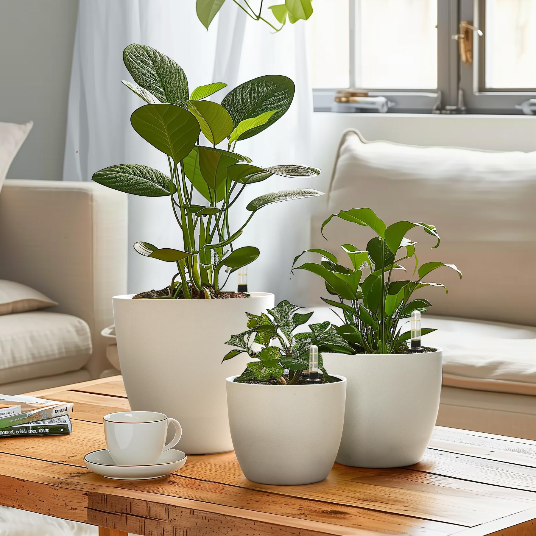 T4U 15cm Selbstwässernder Blumentopf mit Wasseranzeiger Weiß Blumentopf Set 4er-Set, Selbstbewässerung Wasserspeicher Pflanzgefäß Übertopf für Innen- und Außenbereich
