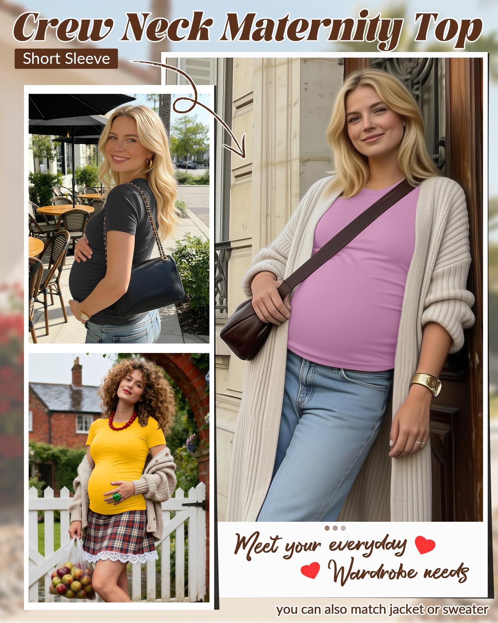 Geyoga Lot de 4 T-Shirts de Maternité pour Femme, à Manches Courtes, Col Rond, Coupe Décontractée avec Fronces sur Les Côtés