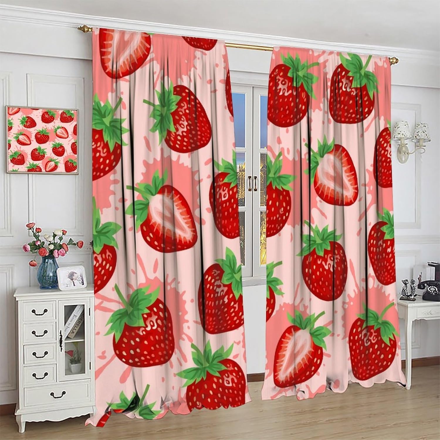 Cute Strawberry Curtain, Pink Strawberry Delicious Fruit Pattern Art Background Printed Rod Pocket Blackout Window Treatments for Bedroom Living Room Decor 42" W X 63" L