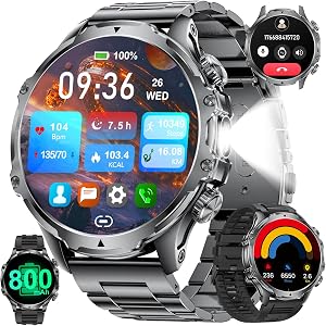 Men's Smartwatch,800mAh/5ATM Waterproof/LED Light,1.85" HD Military Style Smartwatch with Bluetooth Calling, 110 Sports Modes,24-Hour Sleep/Heart Rate/Pedometer, Android/iOS Compatible (Black)