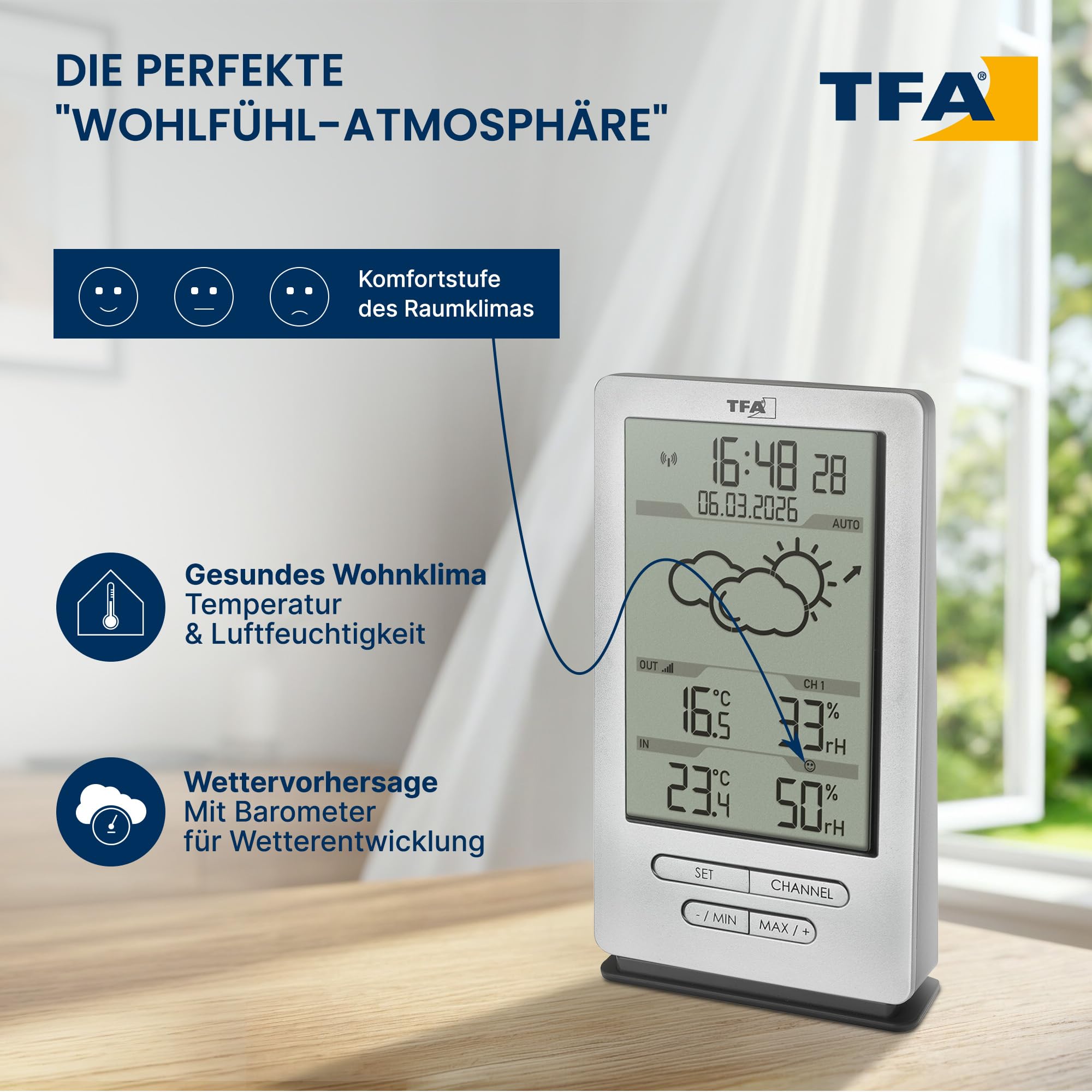 TFA Dostmann Funk Wetterstation Xena, 35.1162.54, mit Außensensor, Innen und Außentemperatur messen, mit Wettervorhersage, inkl Funkuhr, Luftfeuchtigkeit, batteriebetrieben, silber