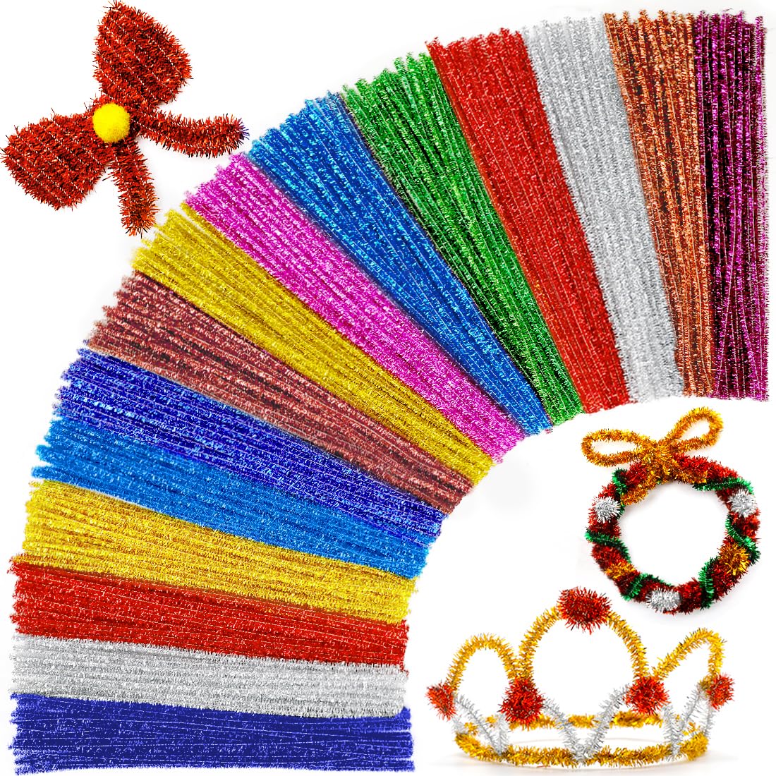 Praisebank Glitter Pipe Cleaners for Crafts, 200pcs, Chenille Stems for DIY Projecets, Arts &amp; Crafts Supplies for Festival Party Decorations