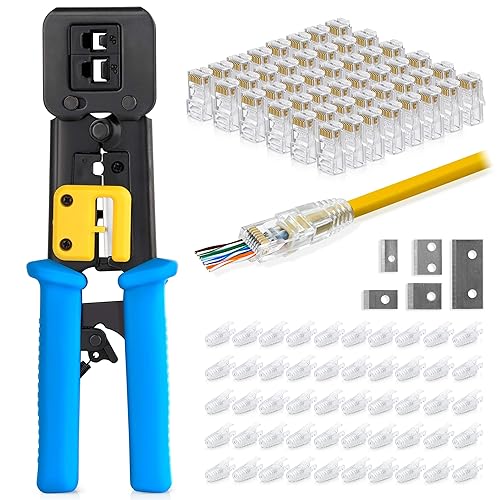 Everest Media Solutions Kit de herramientas de crimpado RJ45, con 50 conectores de paso Cat6 y 50 botas de alivio de tensión + cuchillas