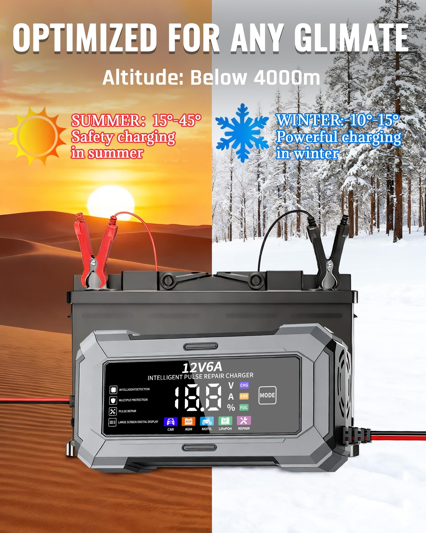 6A 12V Car Battery Charger & Trickle Charger for Car Battery with Pulse Repair & Digital Display, Compatible with CAR AGM MOTO LiFePO4 Batteries - 4