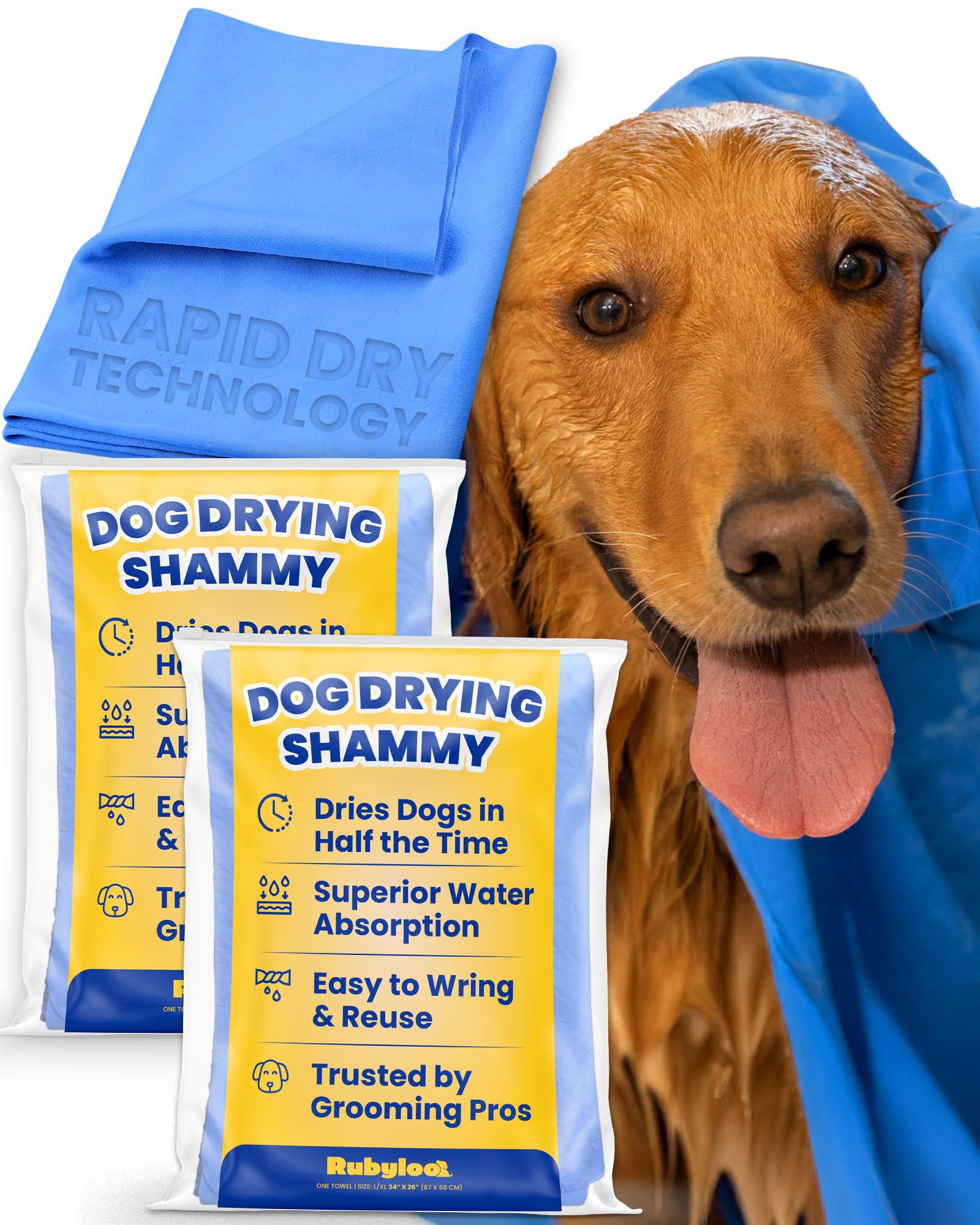 rubyloo Shammy - Toallas para perros grandes, 2 unidades (34 x 26 pulgadas), tecnología ultra absorbente, seca a los perros 2 veces más rápido, fácil de escurrir y reutilizar, compactas para baño