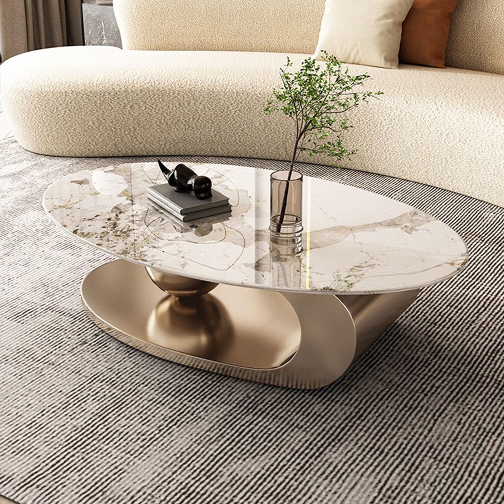 Ovaler Couchtisch, einzigartige Couchtische, Couchtisch mit Marmorplatte und Metallstahlrahmen, stabil und einfach zusammenzubauen, für Wohnzimmer, Büro, Heimdekoration (A 130 x 80 cm) Küche, Haushalt & Wohnen
