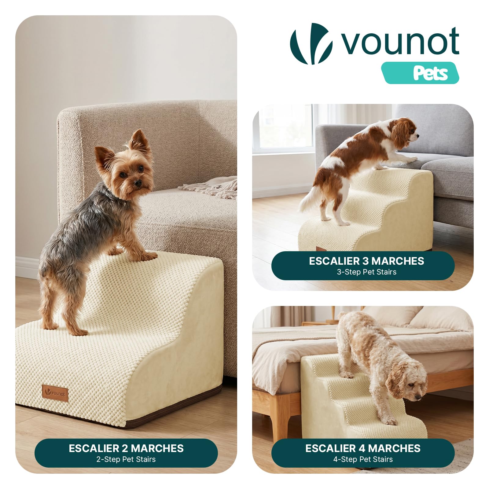 VOUNOT® Scaletta per Cani a 4 Gradini, Scala per Animali Antiscivolo in Schiuma ad Alta Densità con Maniglia, Sfoderabile e Lavabile, Accesso a Divano e Letto per Cani Piccoli o Anziani, Beige