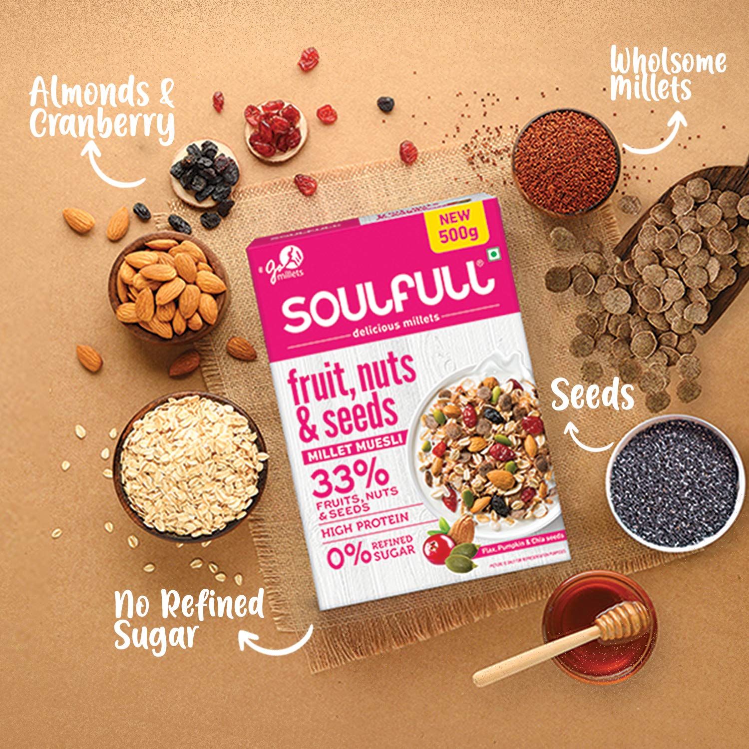 Buy Tata Soulfull Fruits, Nuts & Seeds Millet Muesli, Contains Flax
