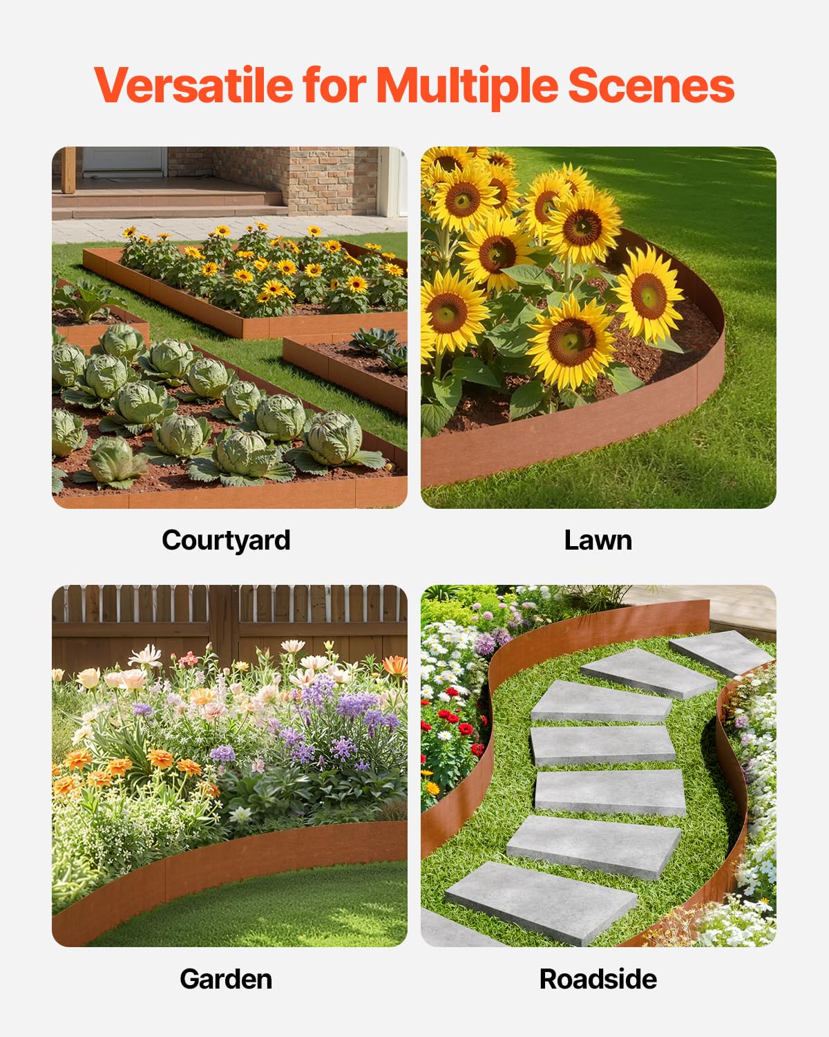 VEVOR Bordatura in Acciaio Metallo Antiruggine per Giardino, Bordatura Pieghevole per Prato Resistente, Facile Installare, Divisorio Aiuole Vialetto, Ruggine 6 Pezzi 1016 x 152,4 x 1,5 mm