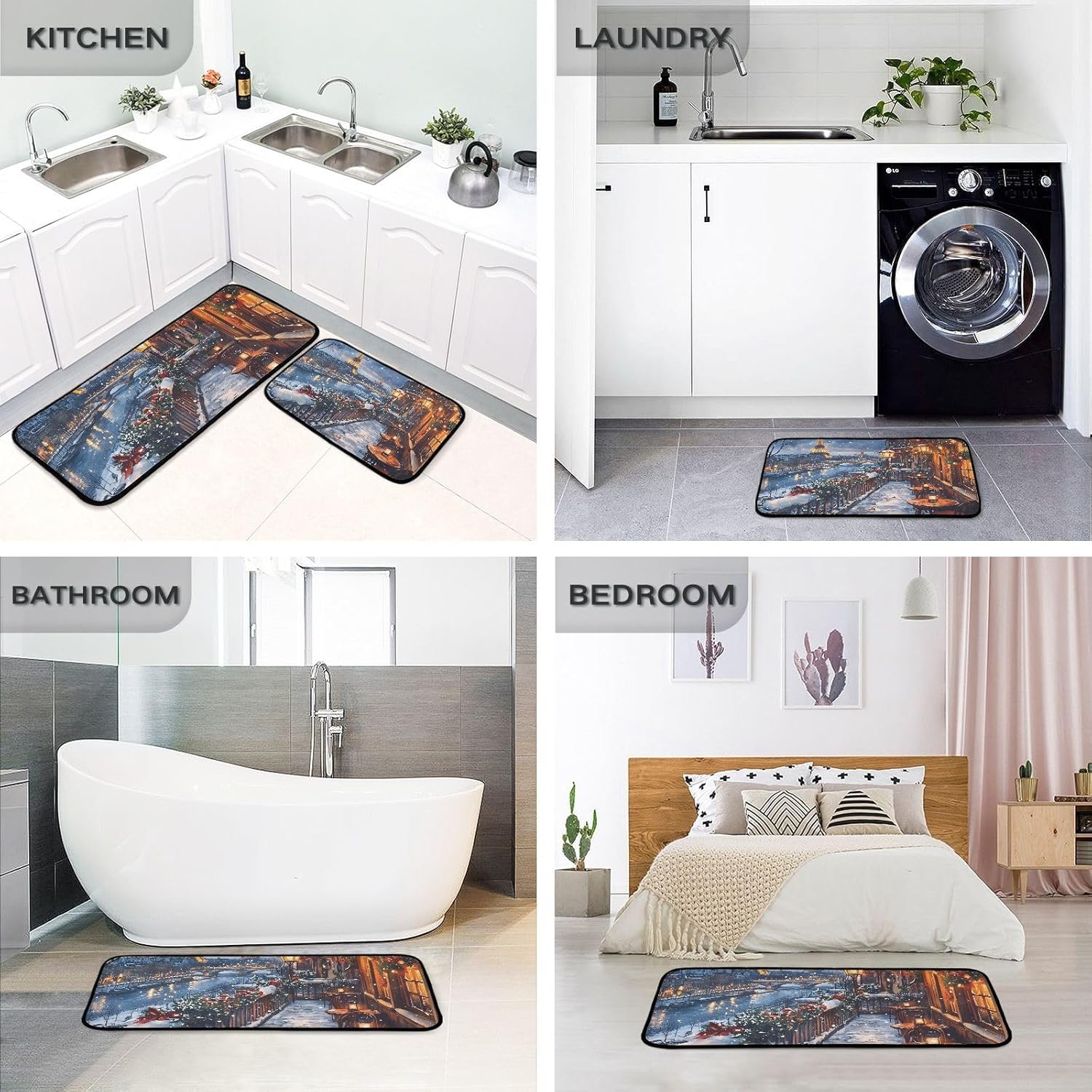 Winter Street Scene Kitchen Rugs and Mats Non Skid Washable Kitchen Rug Set 2 Piece Carpet Ergonomic Comfort Standing Mat for Kitchen,Bathroom, Laundry