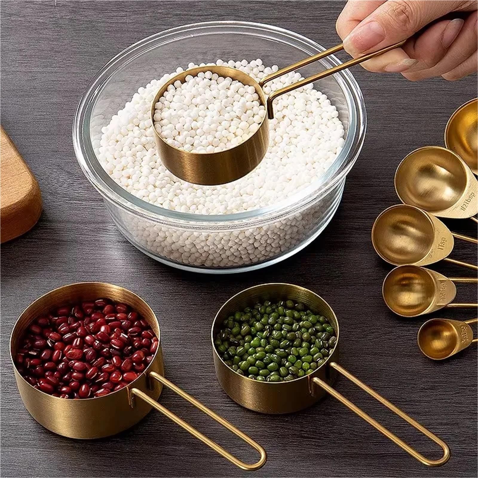 Juego de tazas y cucharas medidoras doradas acero inoxidable for cocina repostería, utensilios medición for cocinar con precisión para Medir Líquidos y Sólidos