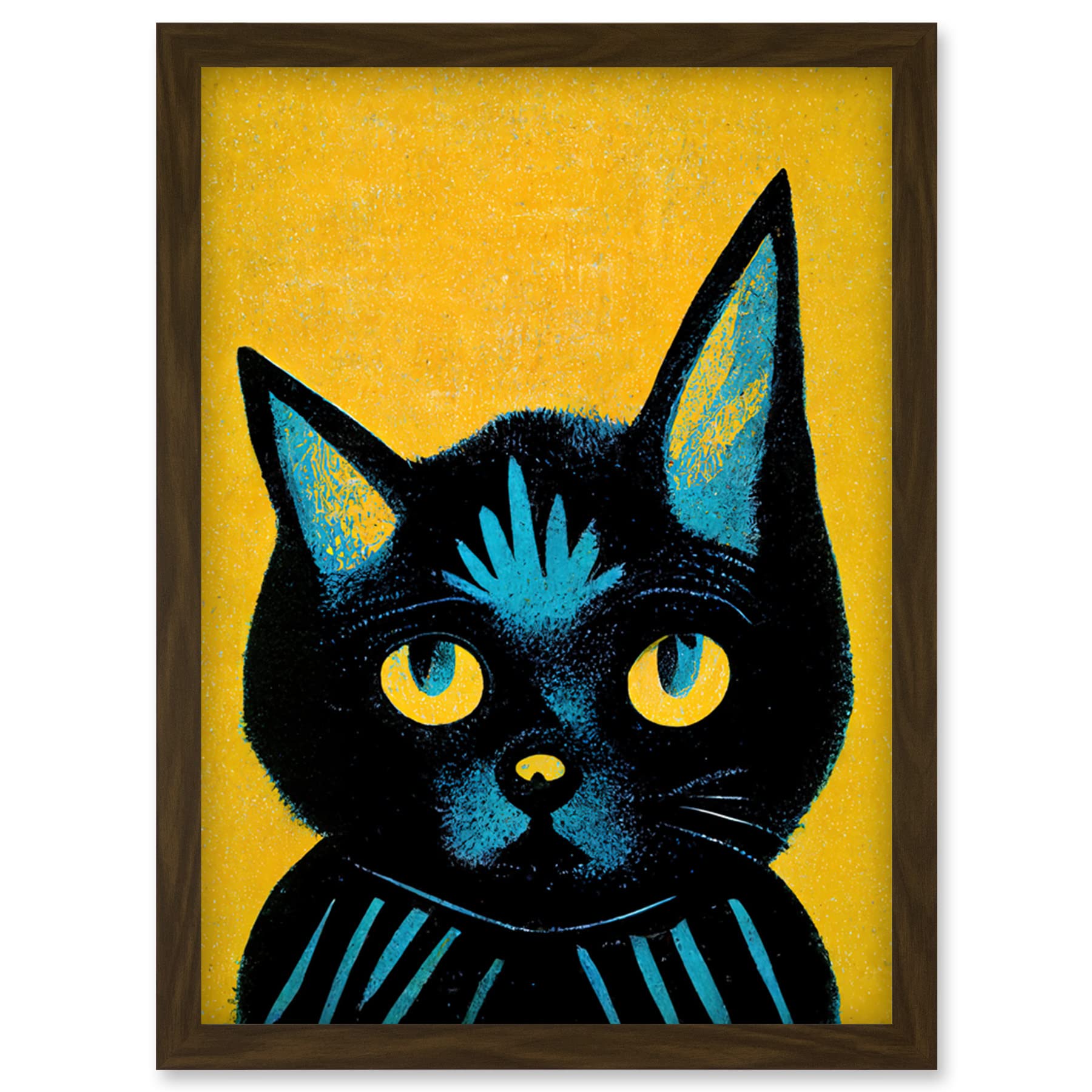 Wee Blue Coo Quirky Bold Black Cat Yellow Blue Artwork Framed Wall Art Print A4