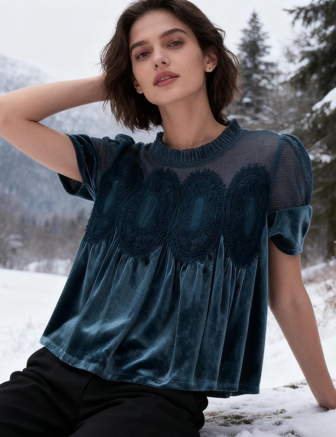 Gozoloma Women's Velvet Lace Blouse Casual Round Neck Short Sleeve Flared Swing Top Elegant Loose Intricate Back Design - Image 7