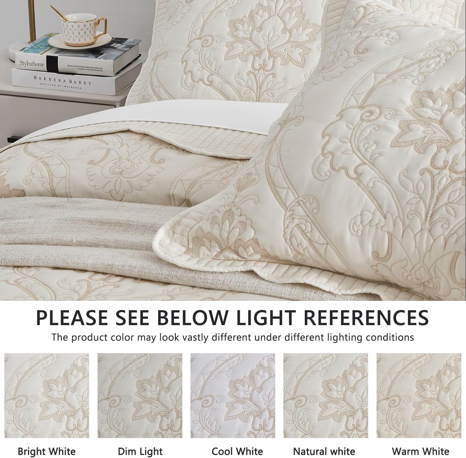 CHIXIN Oversized Bedspread Coverlet Set King Size - Lightweight Bedding Cover - Beautiful Stitching - 5 Piece Reversible Bedspread - Gorgeous Damask Paisley Pattern (King, Ivory-Yellow) - Image 4