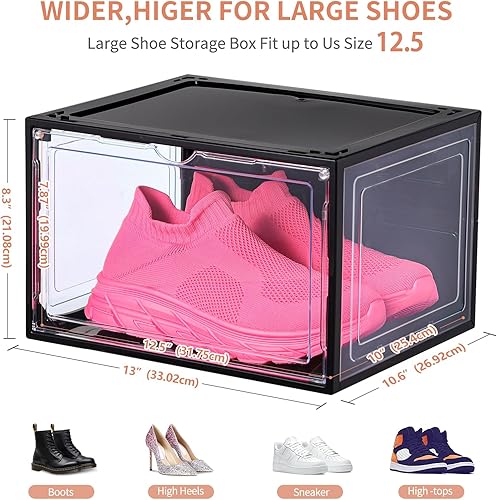 Miniatura 2 de Paquete de 12 cajas de zapatos negras apilables, organizador grande de almacenamiento de zapatos con puerta magnética, contenedores laterales para